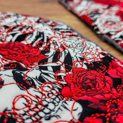 Red Floral Skulls Skull Embroidered Coffin-Shaped Mug Rug