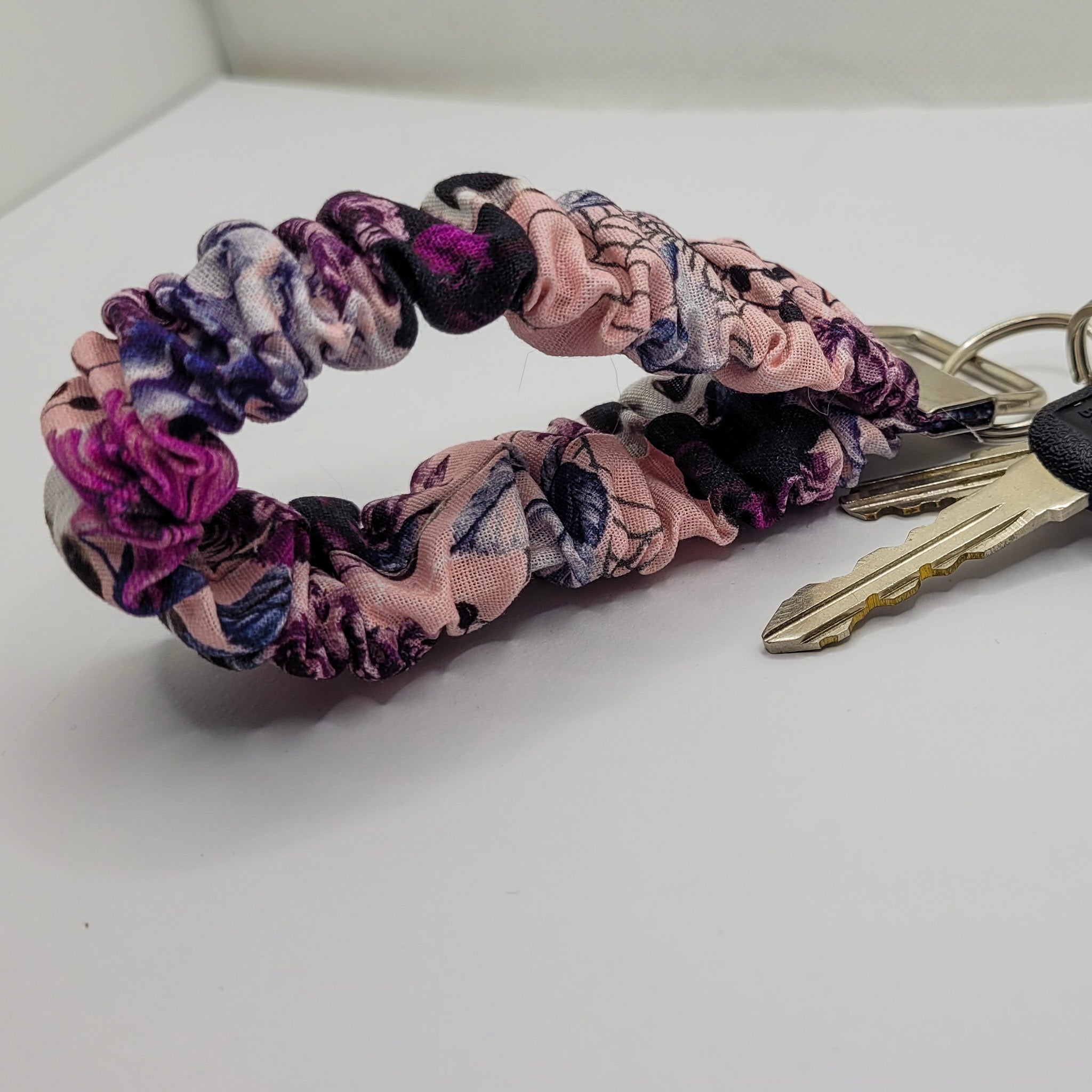 Pink Floral Skulls Scrunchie Wristlet Keychain
