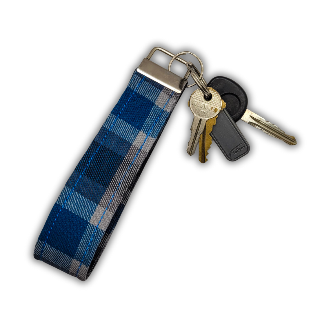 Blue & Grey Plaid Wristlet Key Strap