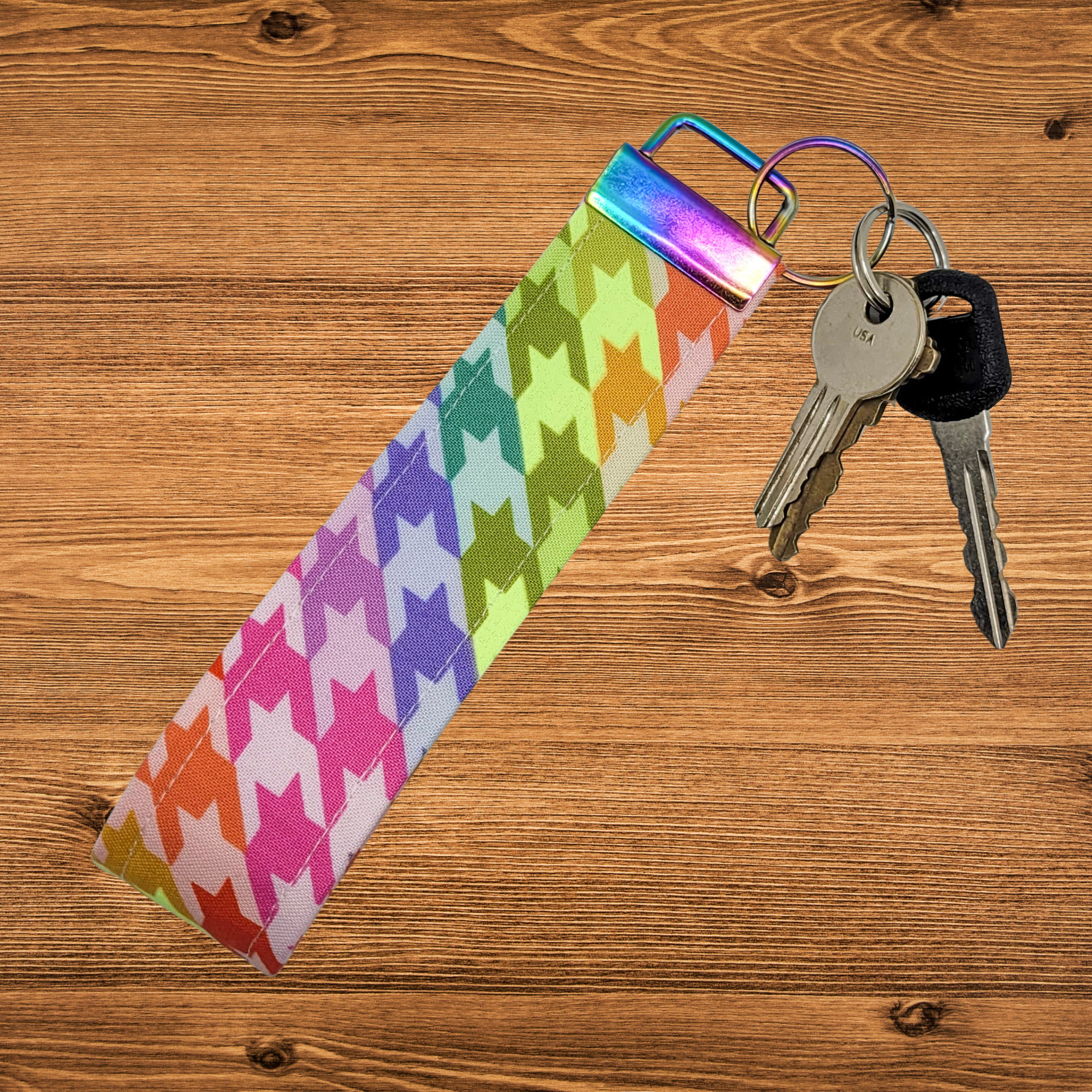 Rainbow Houndstooth Wristlet Keychain