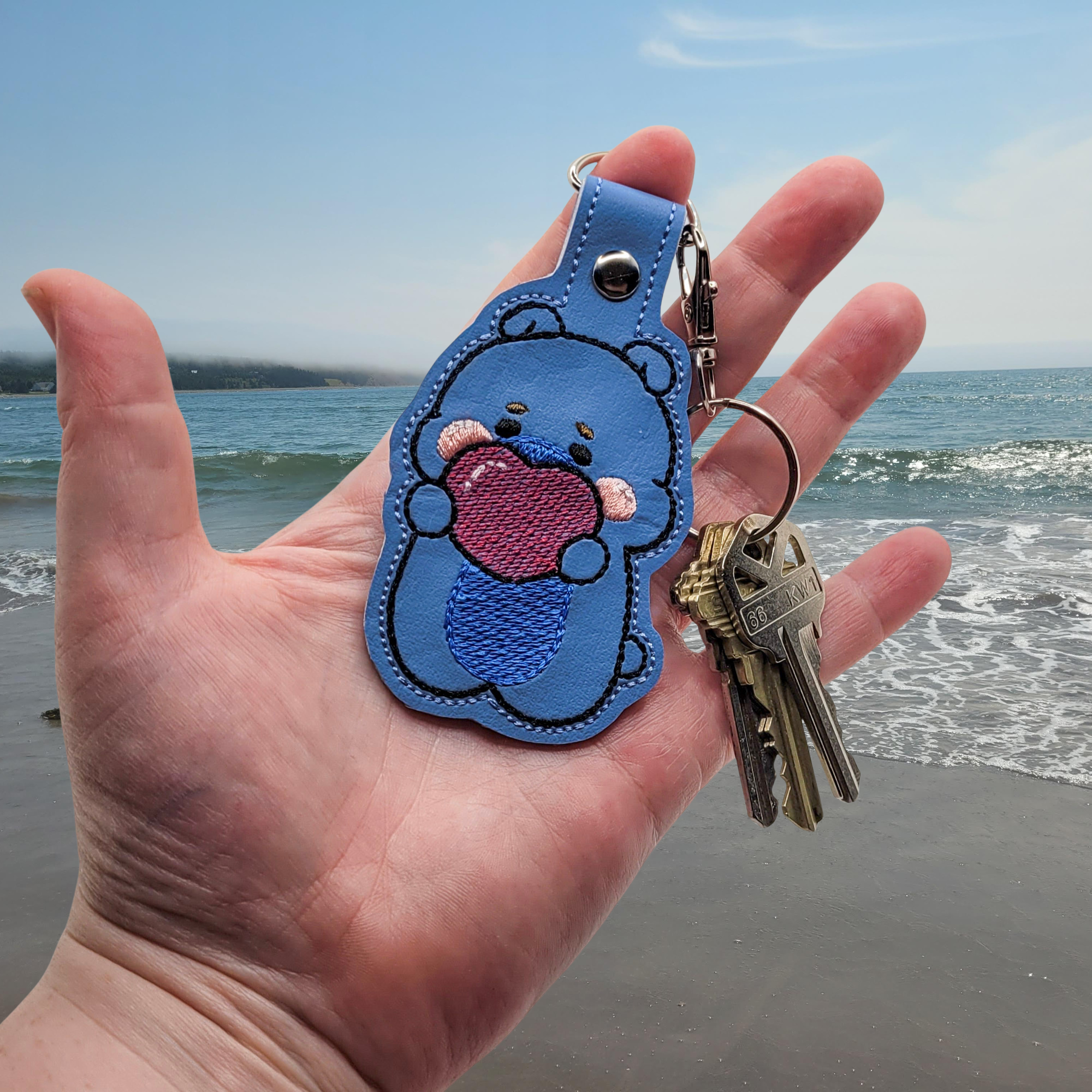 Heart Bear Embroidered Vinyl Keychain
