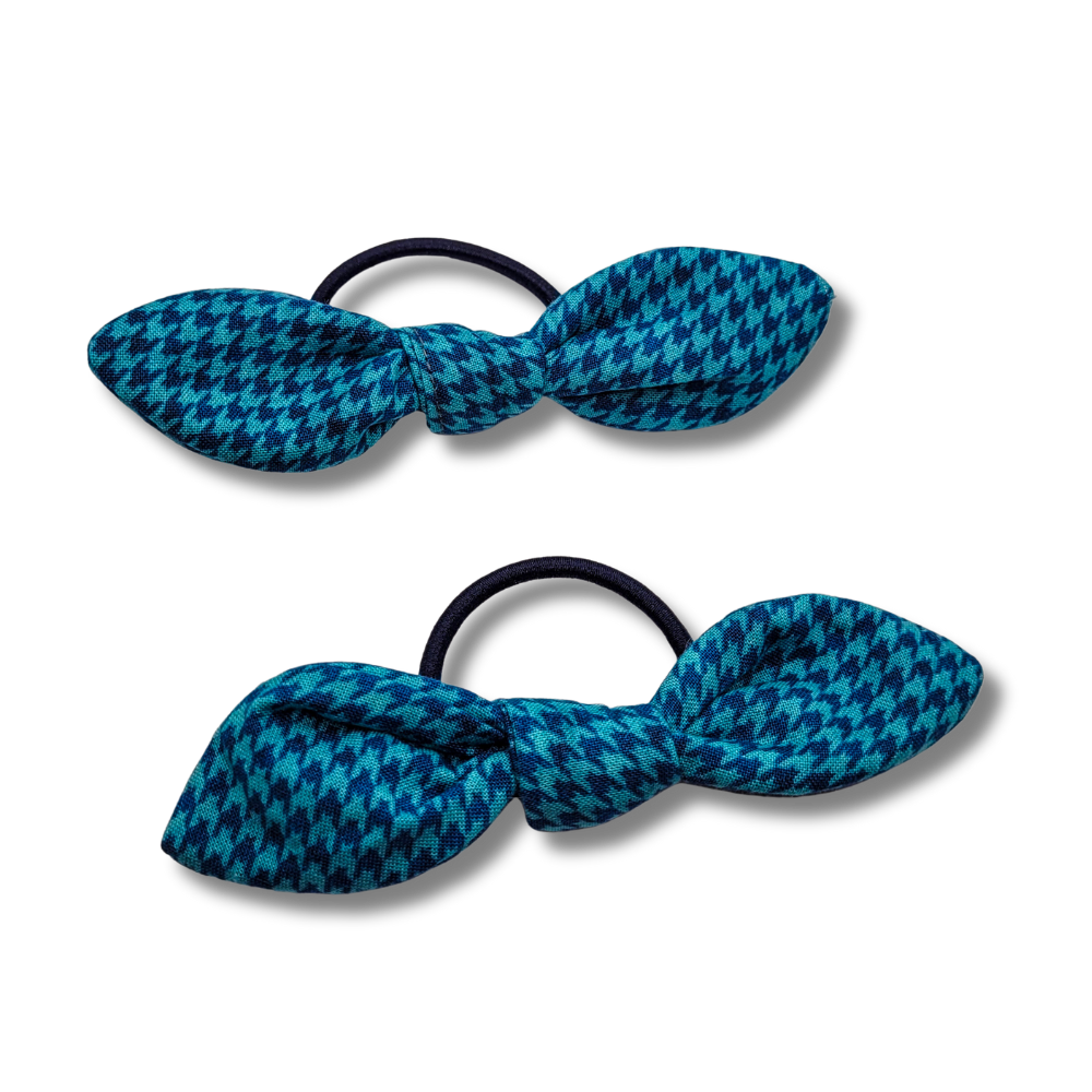 Teal Houndstooth Knot Bow Hair Elastic