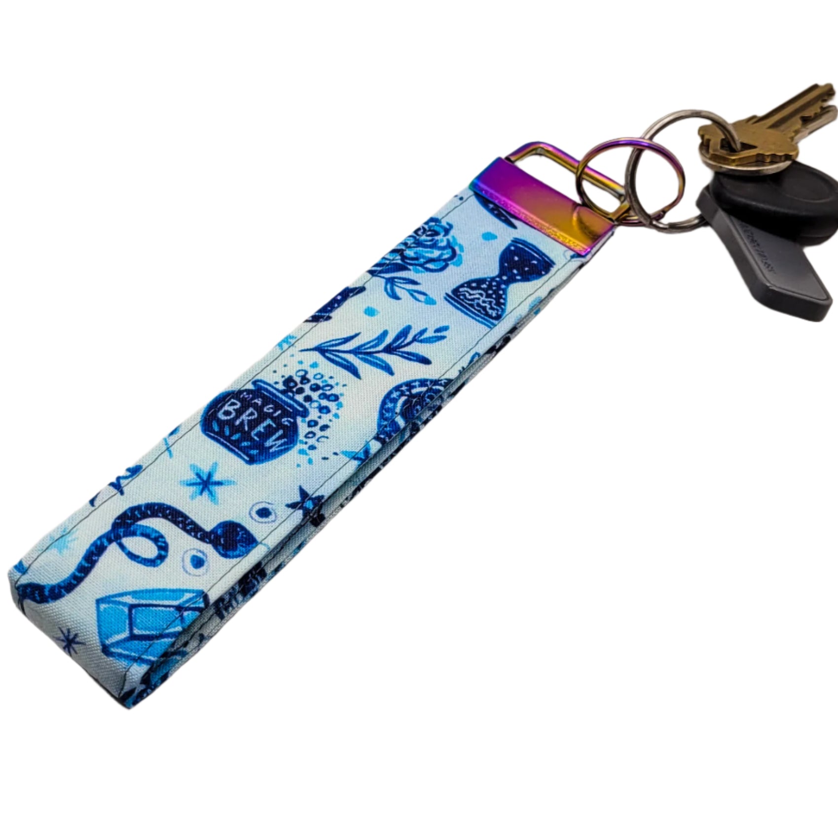 Keychain with blue floral pattern on a white background.