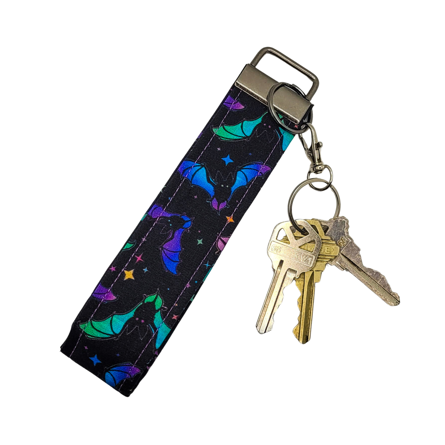 Porte-clés avec dragonne et motif chauve-souris pastel