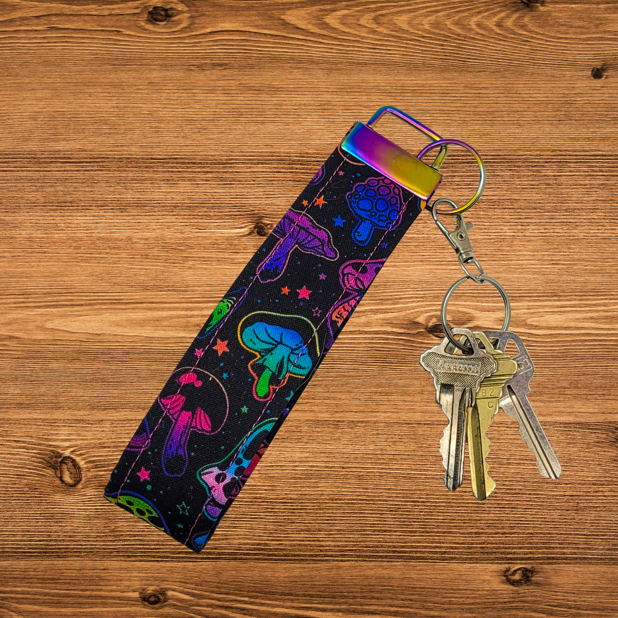 Neon Mushrooms Wristlet Keychain