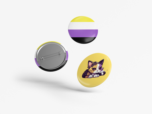 Non-Binary Pride Flag & Cat 1.5" Pinback Button Set
