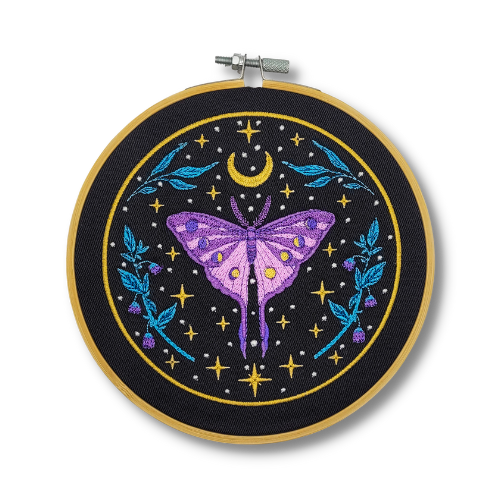 Celestial Purple Moth Embroidered Wall Hanging - 6" Hoop