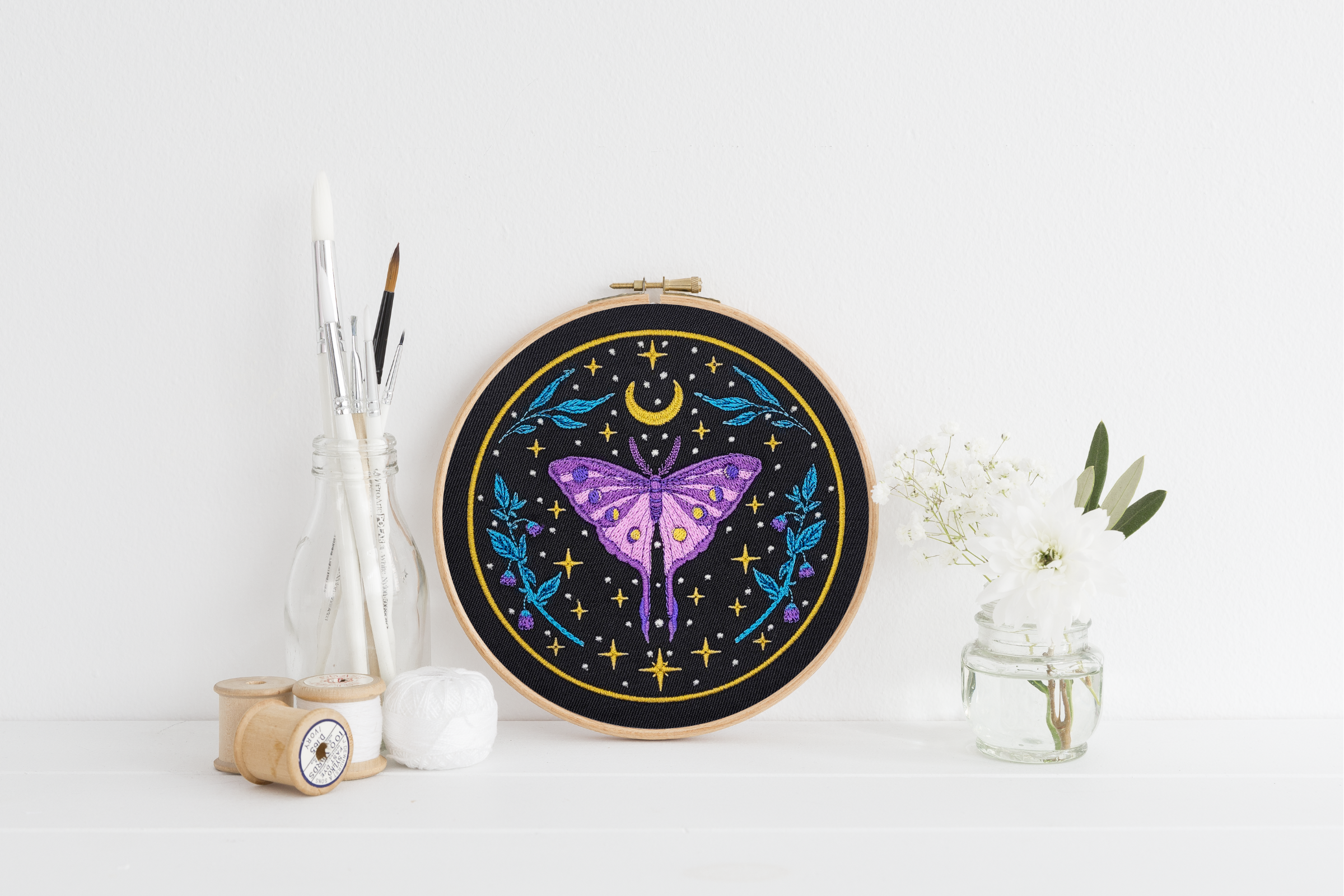 Celestial Purple Moth Embroidered Wall Hanging - 6" Hoop