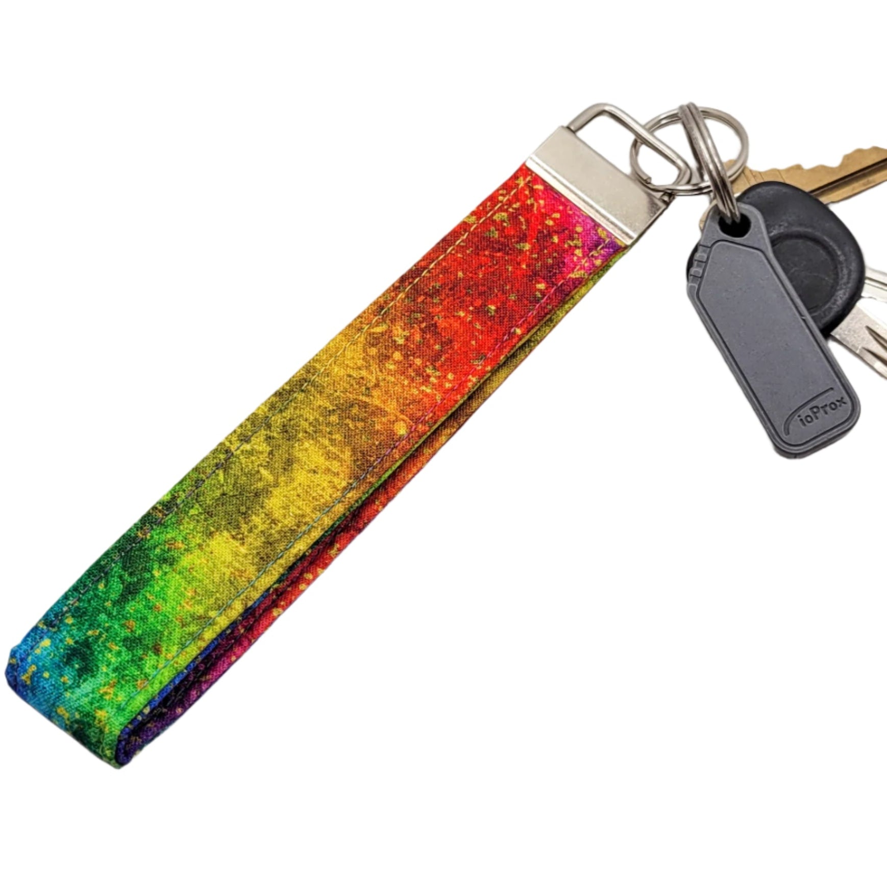 Colorful keychain with keys on a white background