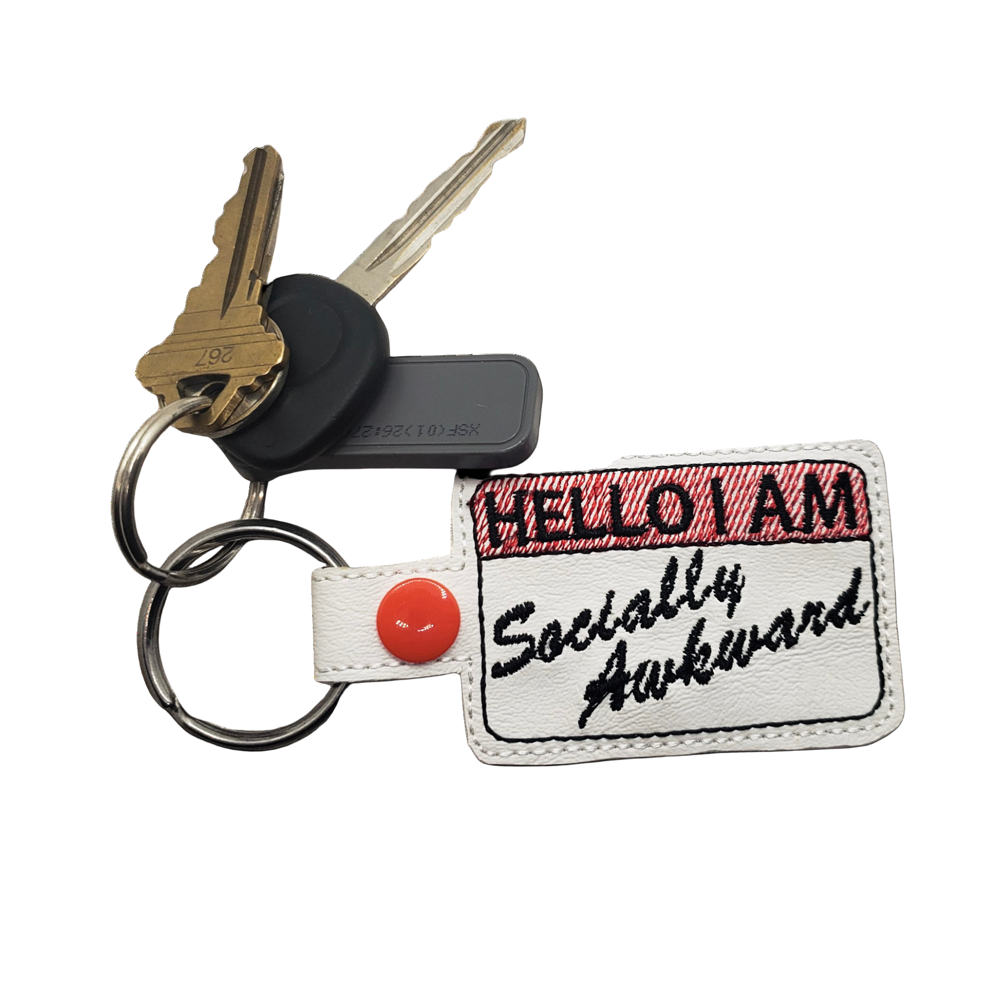 Keychain with 'Hello I Am Socially Awkward' text on a white background
