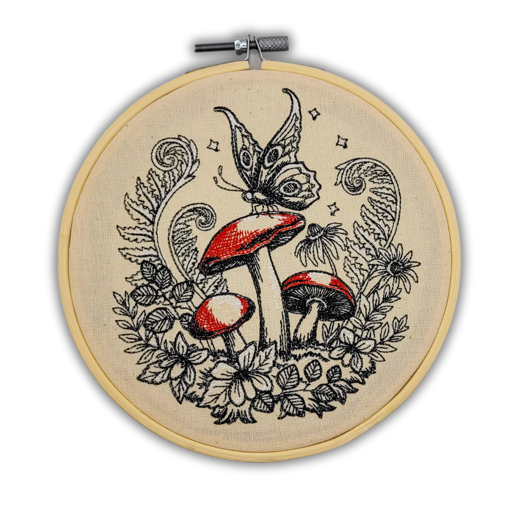 Adorno de pared bordado con hongos y polillas - Aro de 15 cm 