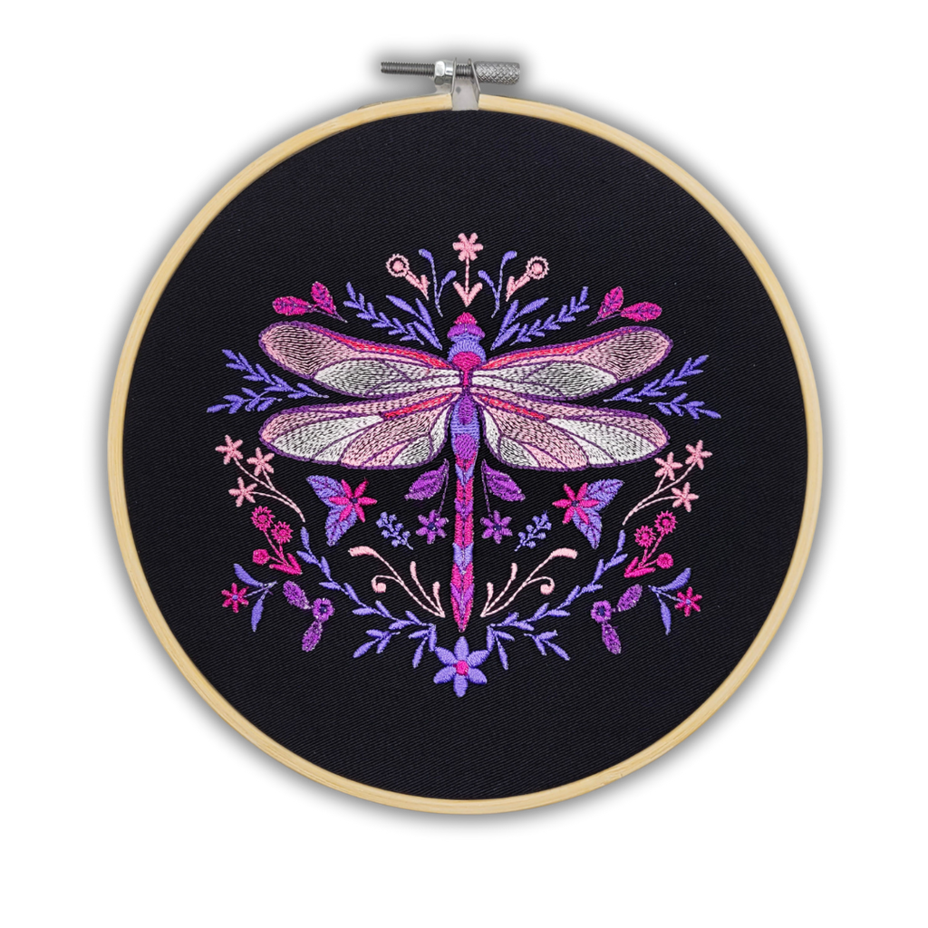 Pink Dragonfly Embroidered Wall Hanging - 7" Hoop