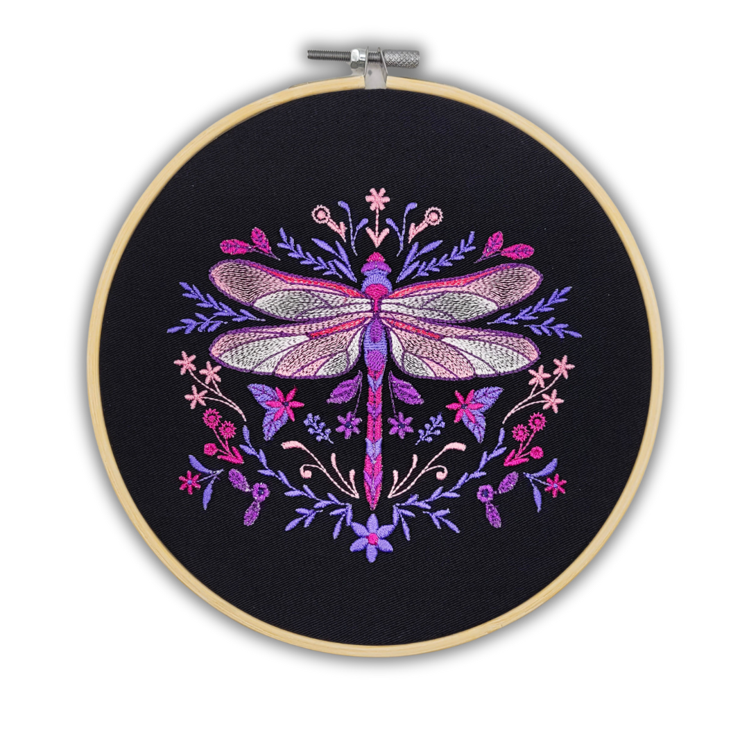 Pink Dragonfly Embroidered Wall Hanging - 7" Hoop