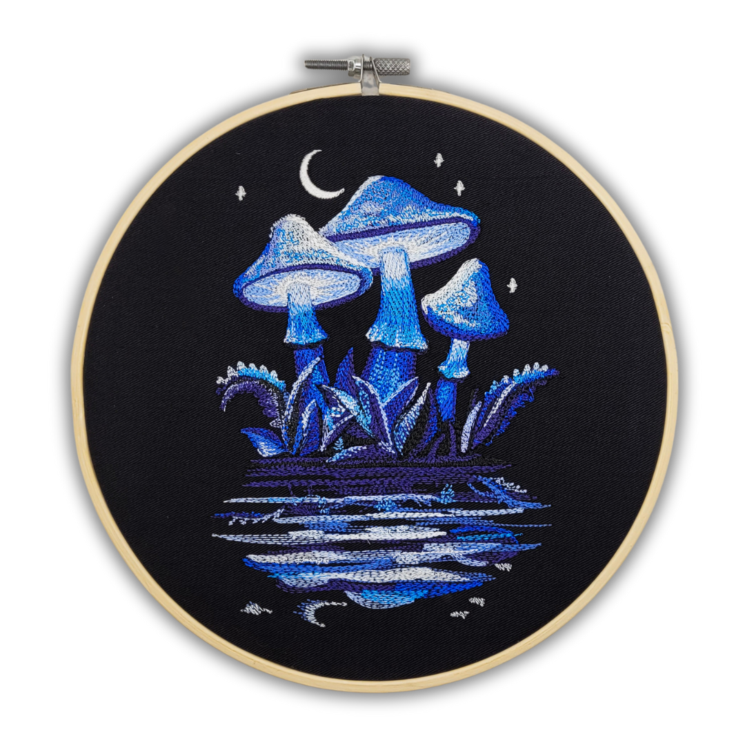 Midnight Mushrooms Embroidered Wall Hanging - 8" Hoop