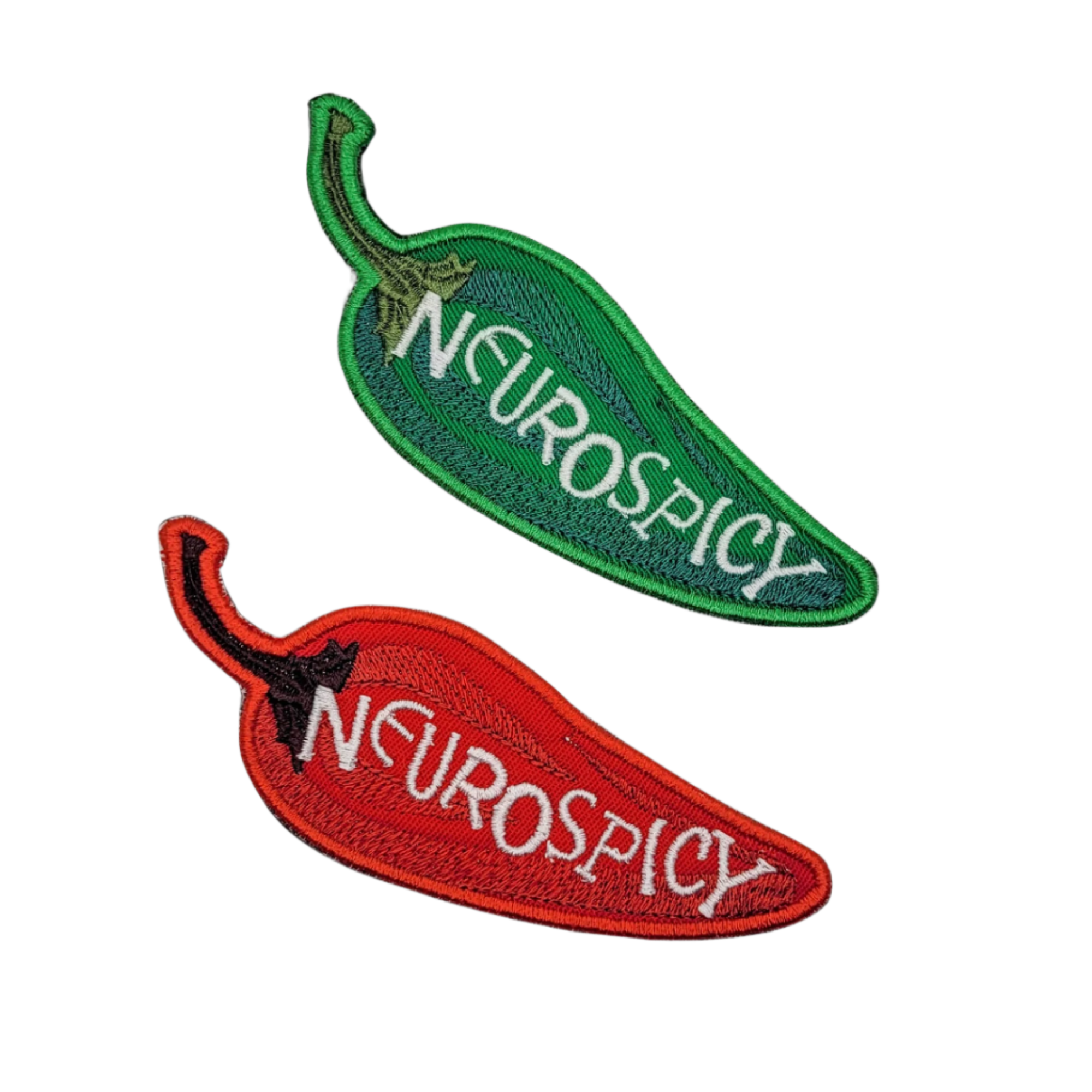 Two chili pepper-shaped patches with 'NEUROSPICY' text on a white background.