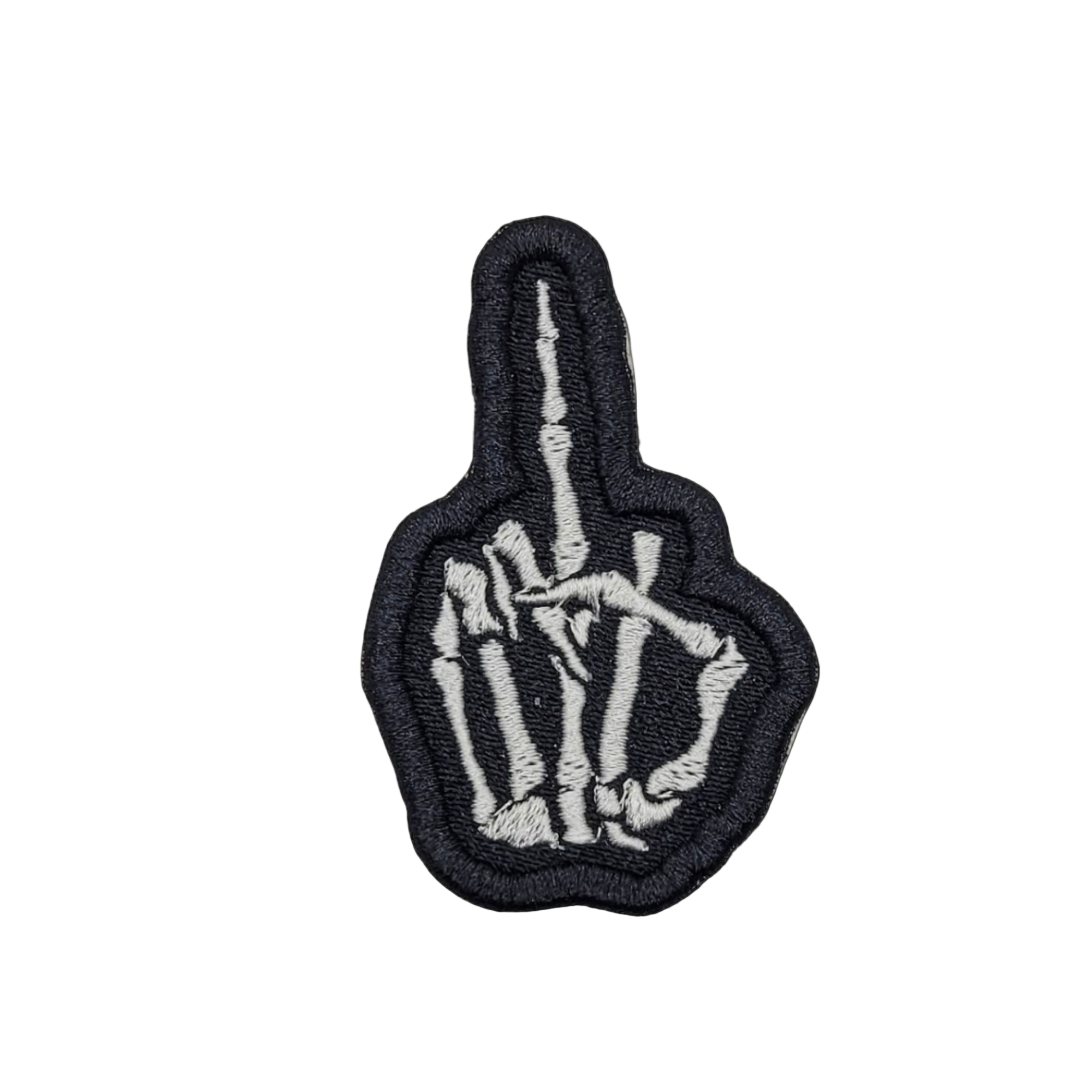 A black embroidered patch depicting a skeleton hand making a middle finger gesture.