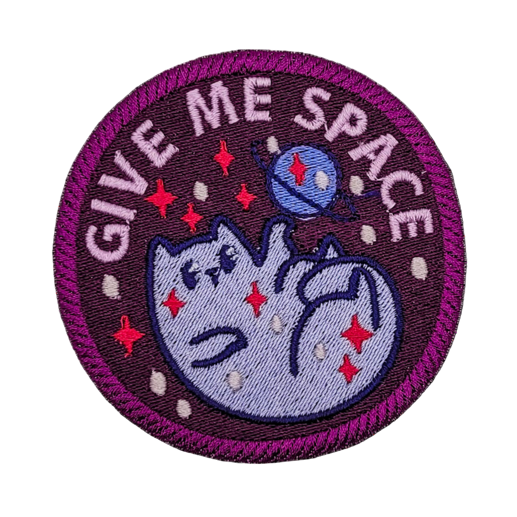 Circular patch with a cat and 'Give Me Space' text on a white background