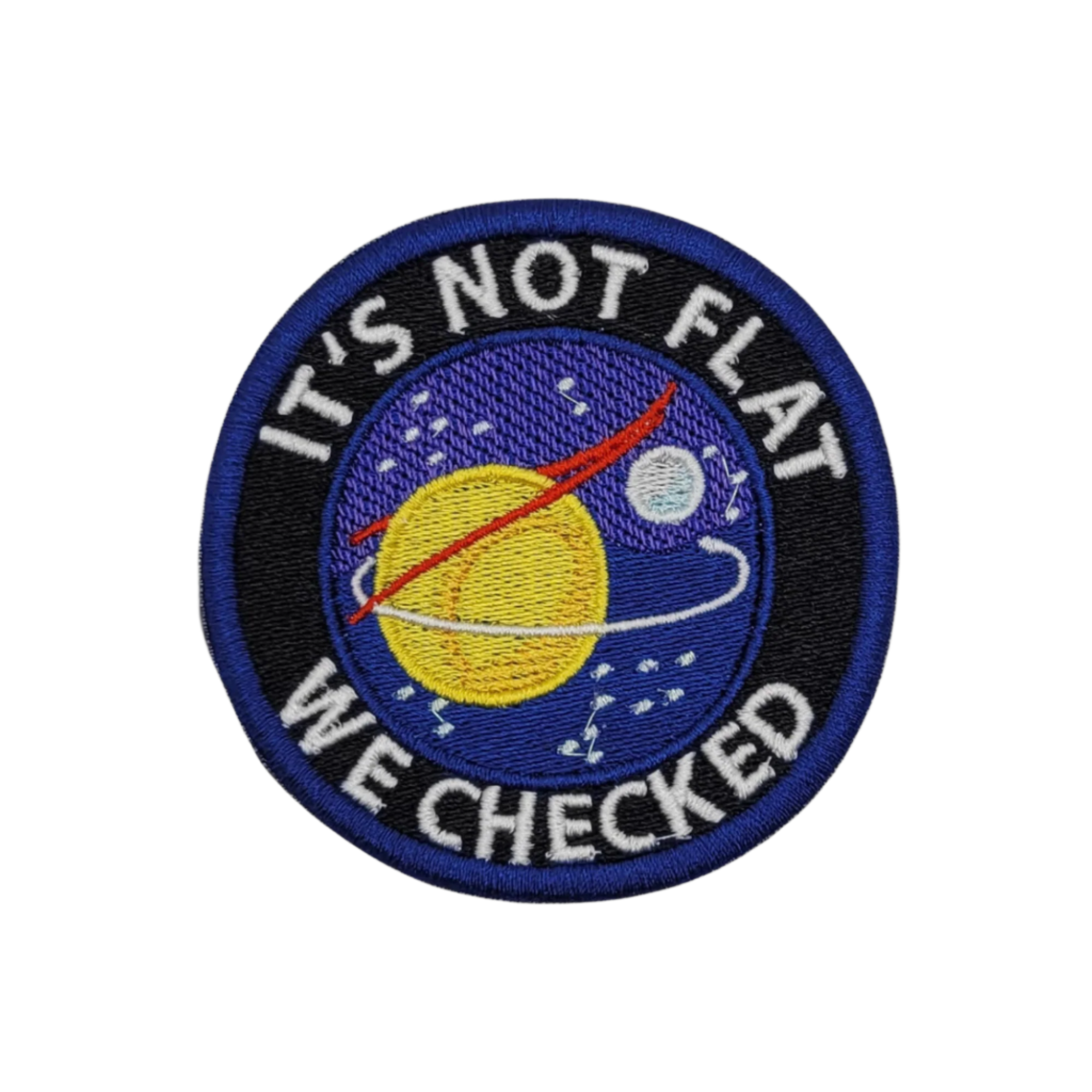 An embroidered patch with a blue background featuring text and a stylized image of a planet. The text reads 'IT'S NOT FLAT WE CHECKED.
