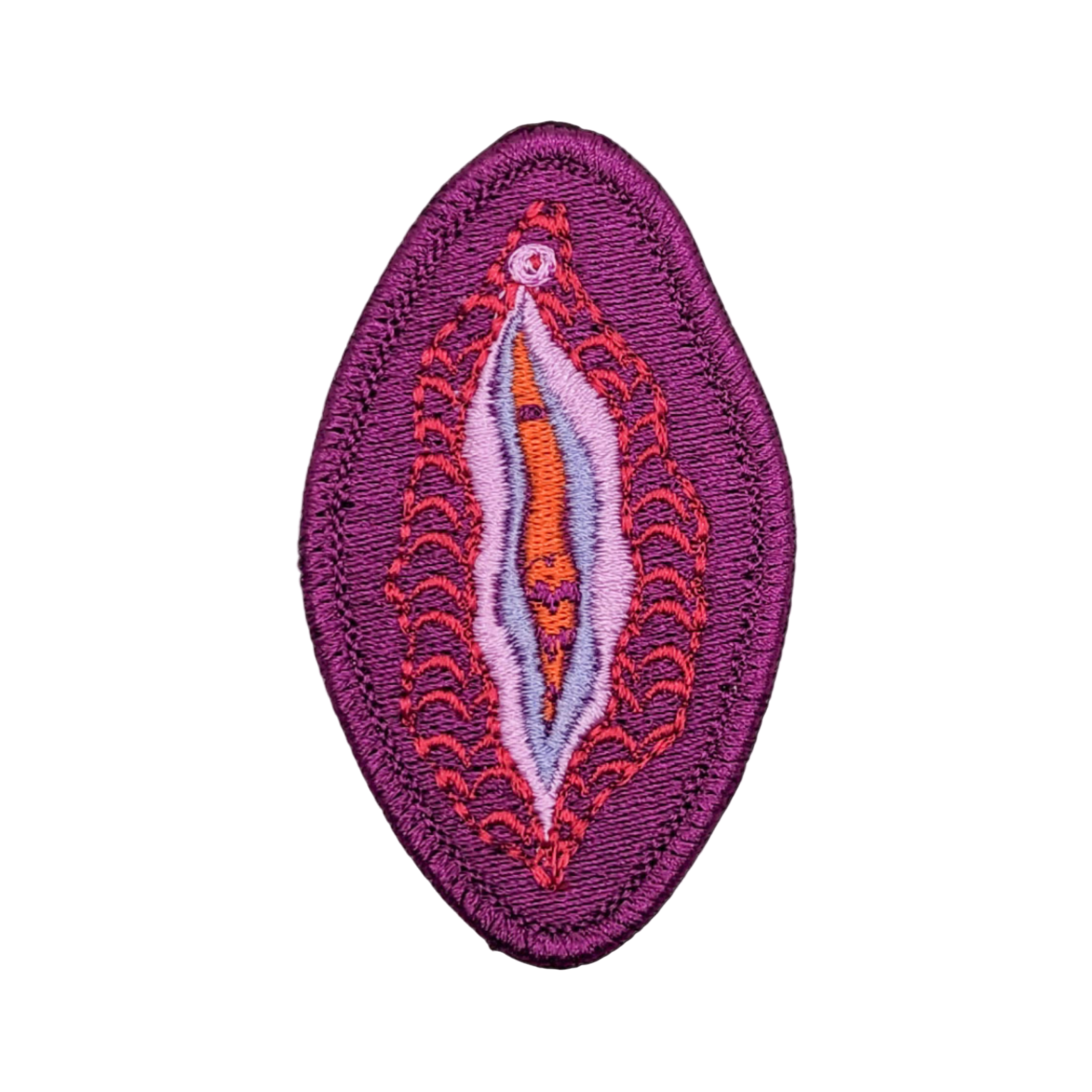 A purple embroidered patch depicting a yoni design, with a vibrant border in red and orange shades.