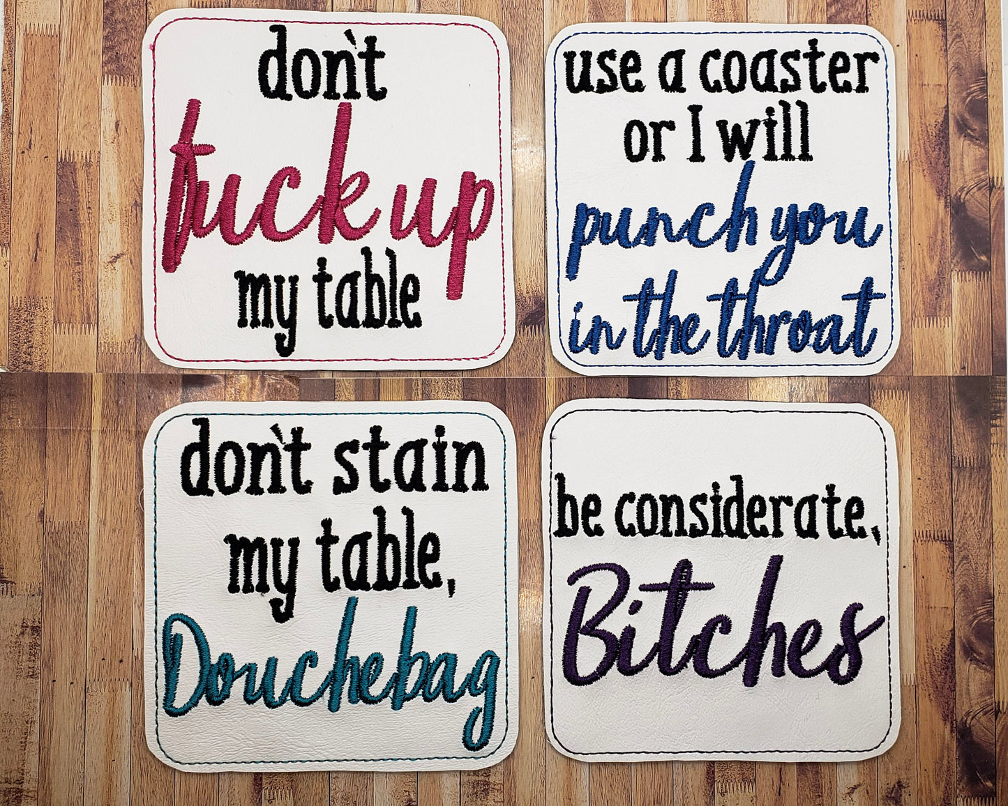 Snarky Embroidered Vinyl Coasters