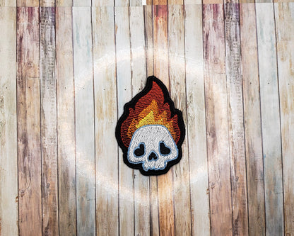 Flaming Skull Embroidered Iron On Patch
