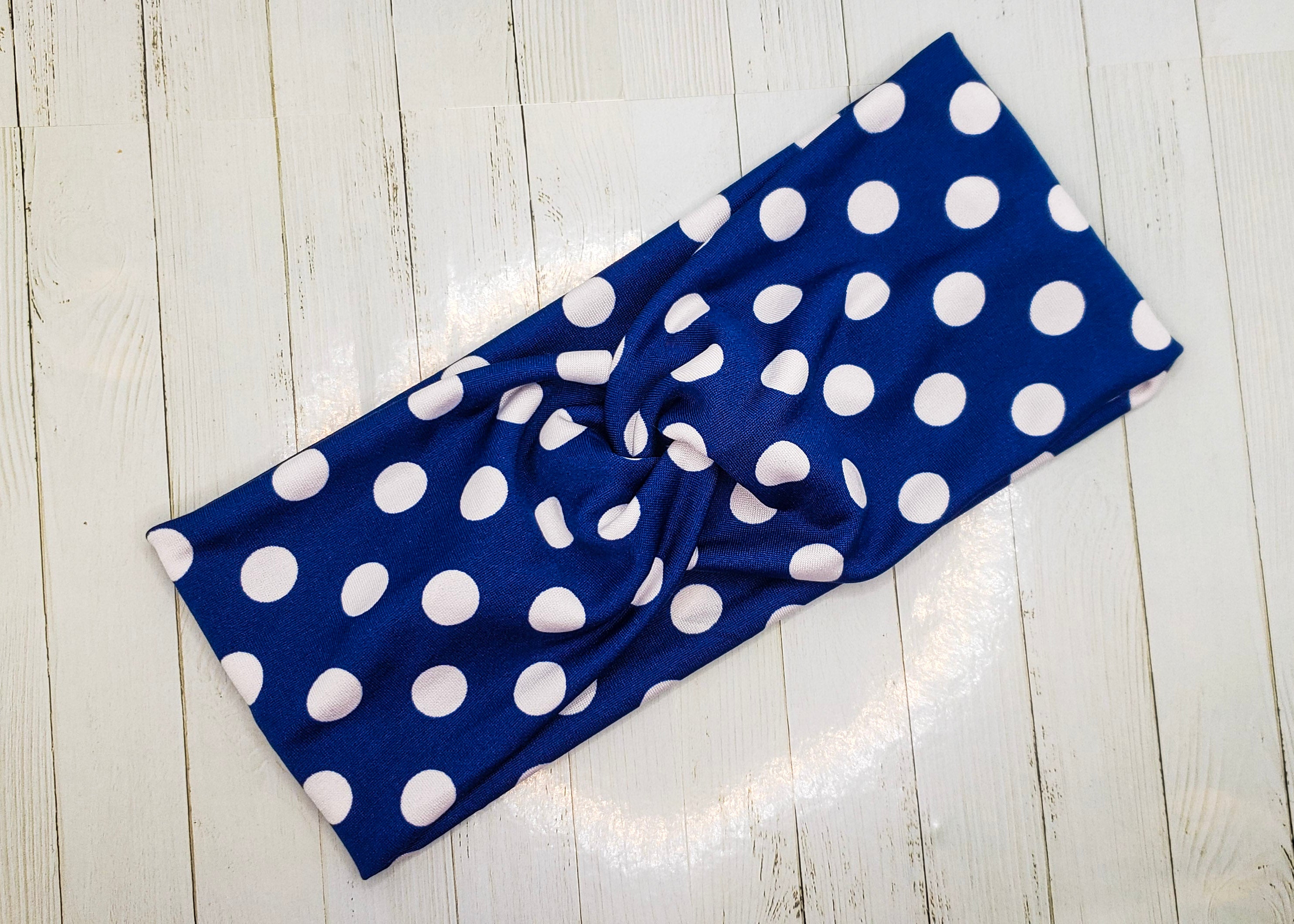 Blue Polka Dot Poly Stretch Knit Headband