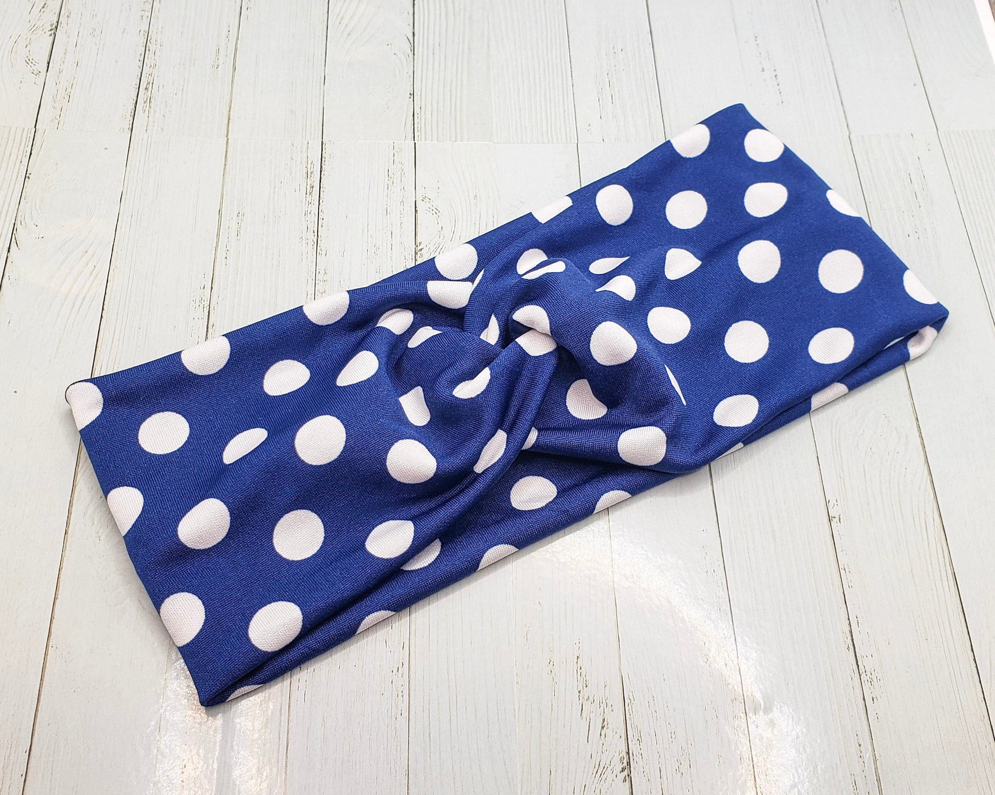Blue Polka Dot Poly Stretch Knit Headband