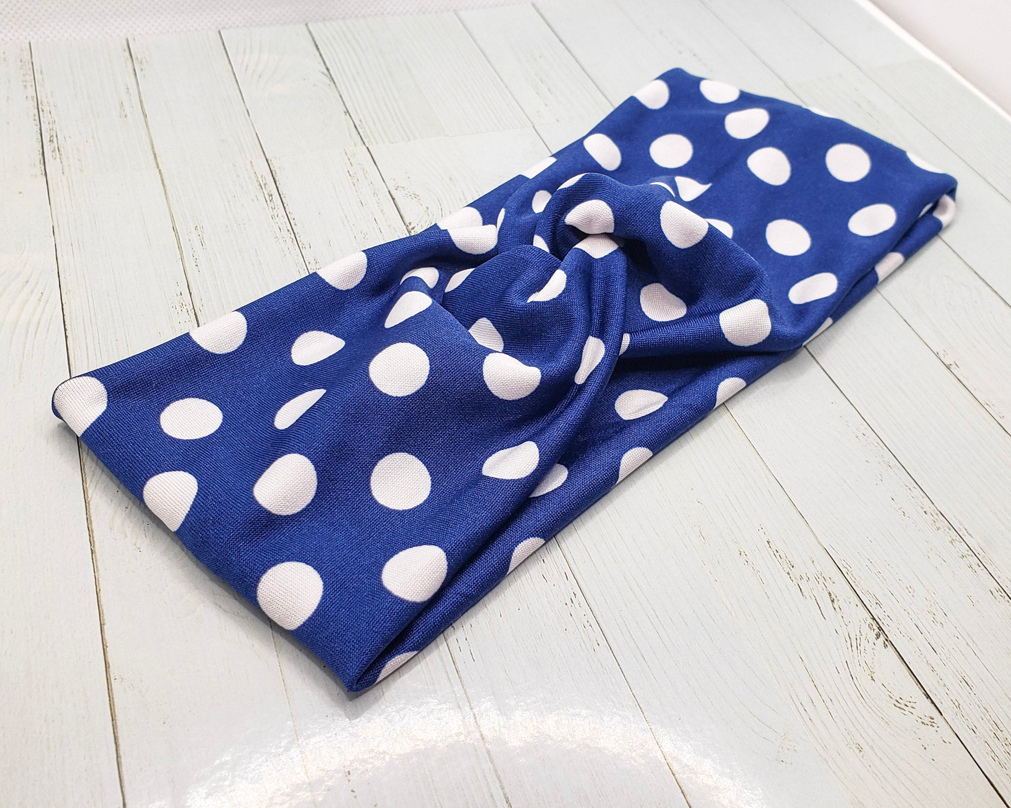 Blue Polka Dot Poly Stretch Knit Headband