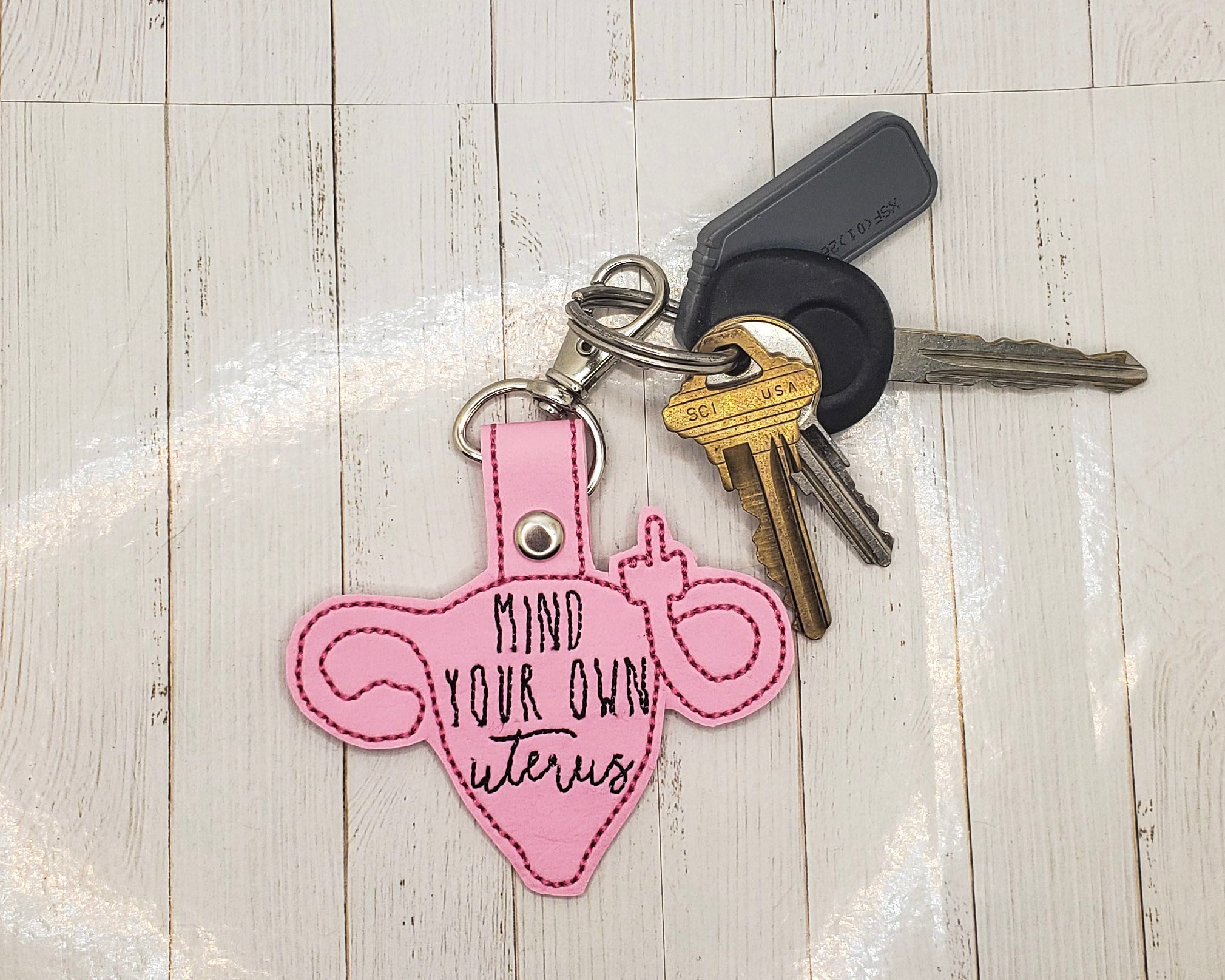 Mind Your Own Uterus Embroidered Vinyl Keychain