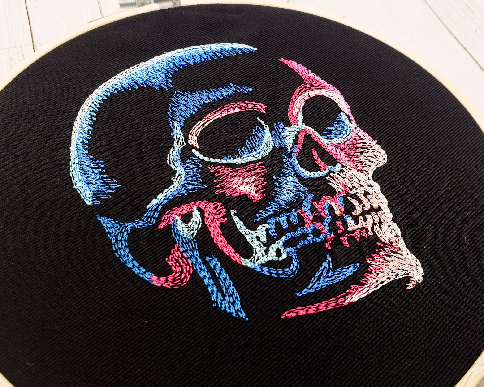 Neon Skull Embroidered Wall Hanging - 6" Hoop
