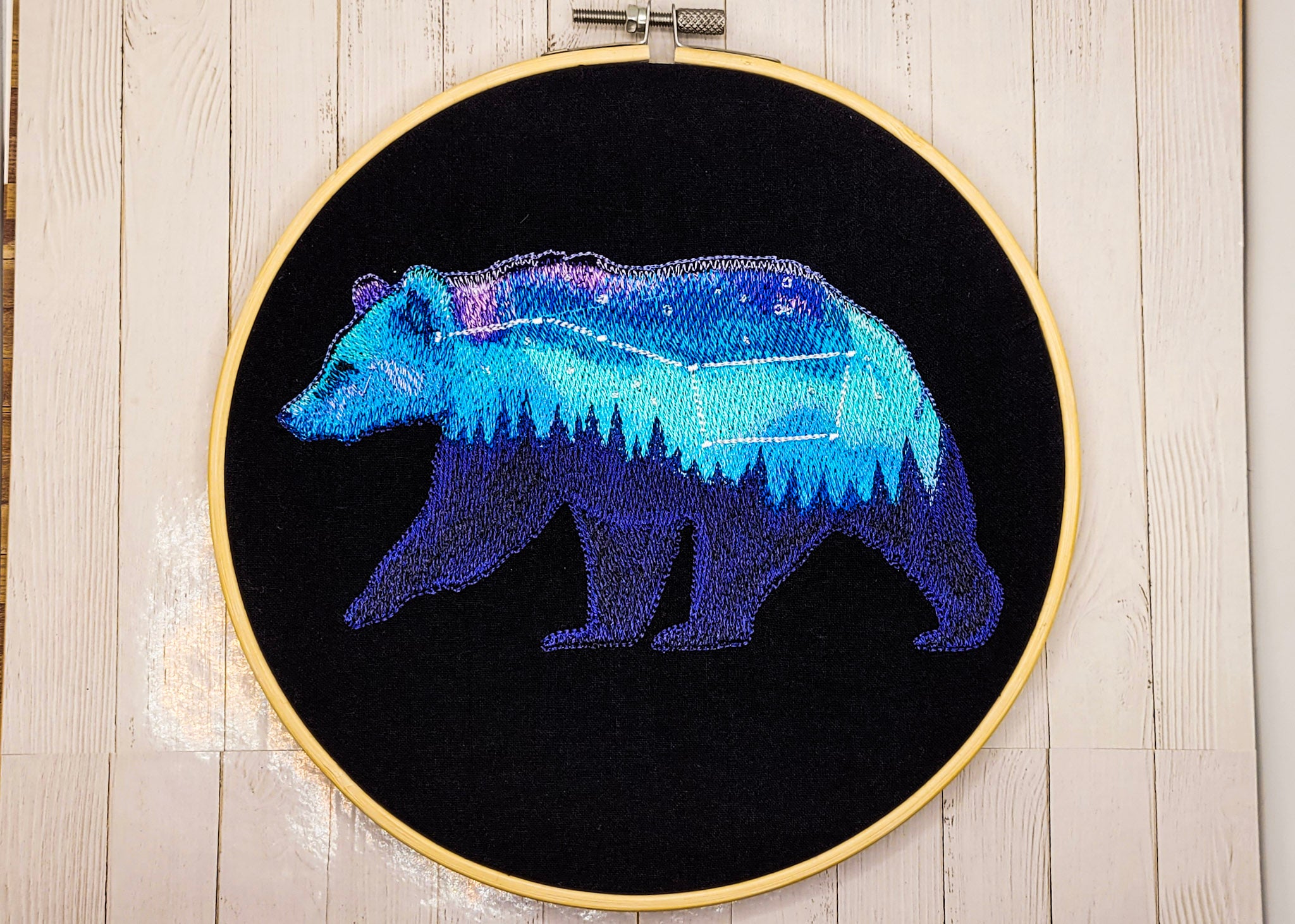 Aurora Borealis Bear Embroidered Wall Hanging - 8" Hoop
