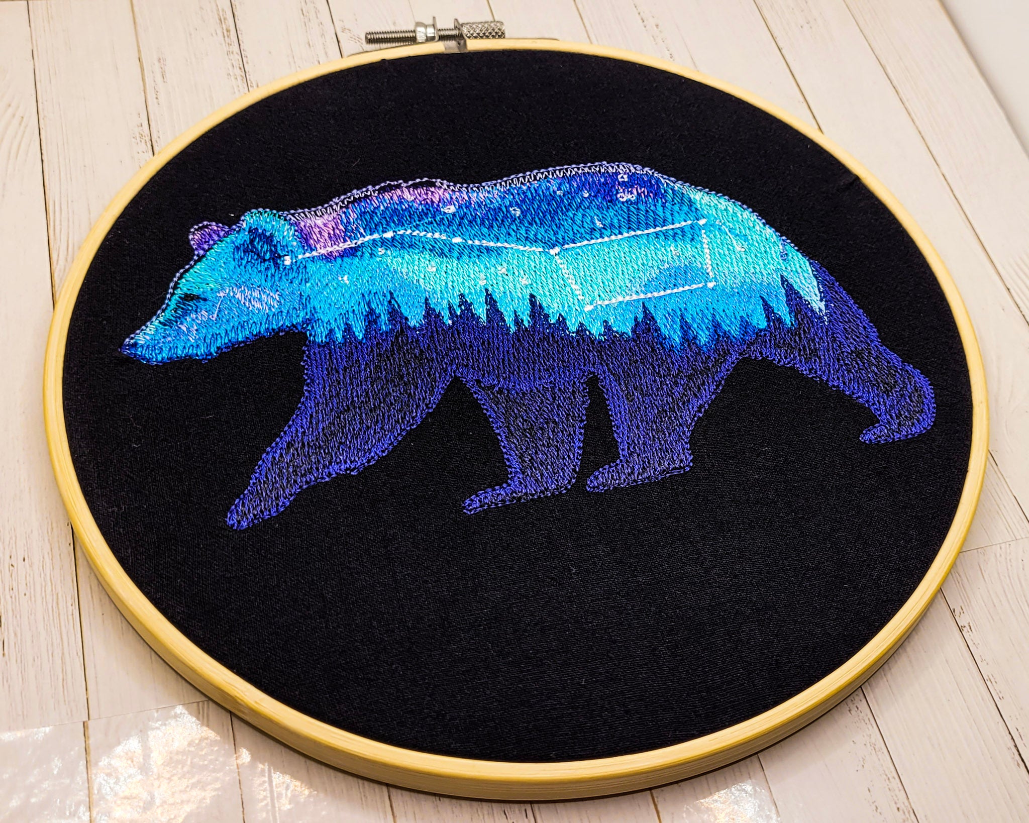 Aurora Borealis Bear Embroidered Wall Hanging - 8" Hoop