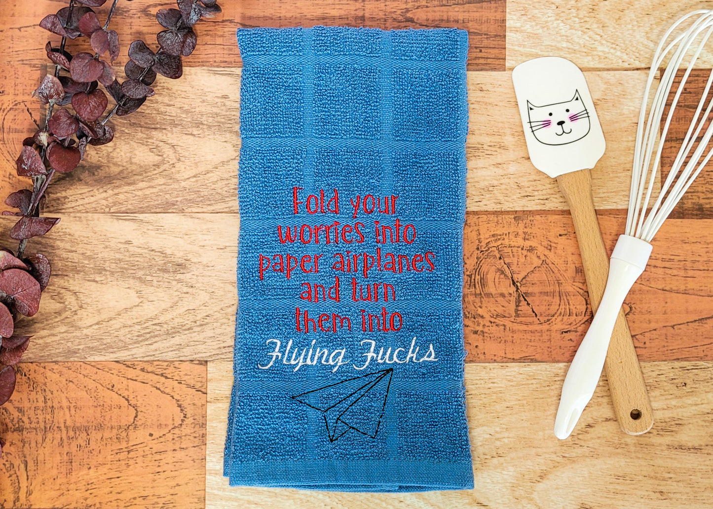 Fold Your Worries Into Paper Airplanes and Turn Them Into Flying Fucks Embroidered Hand & Tea Towel