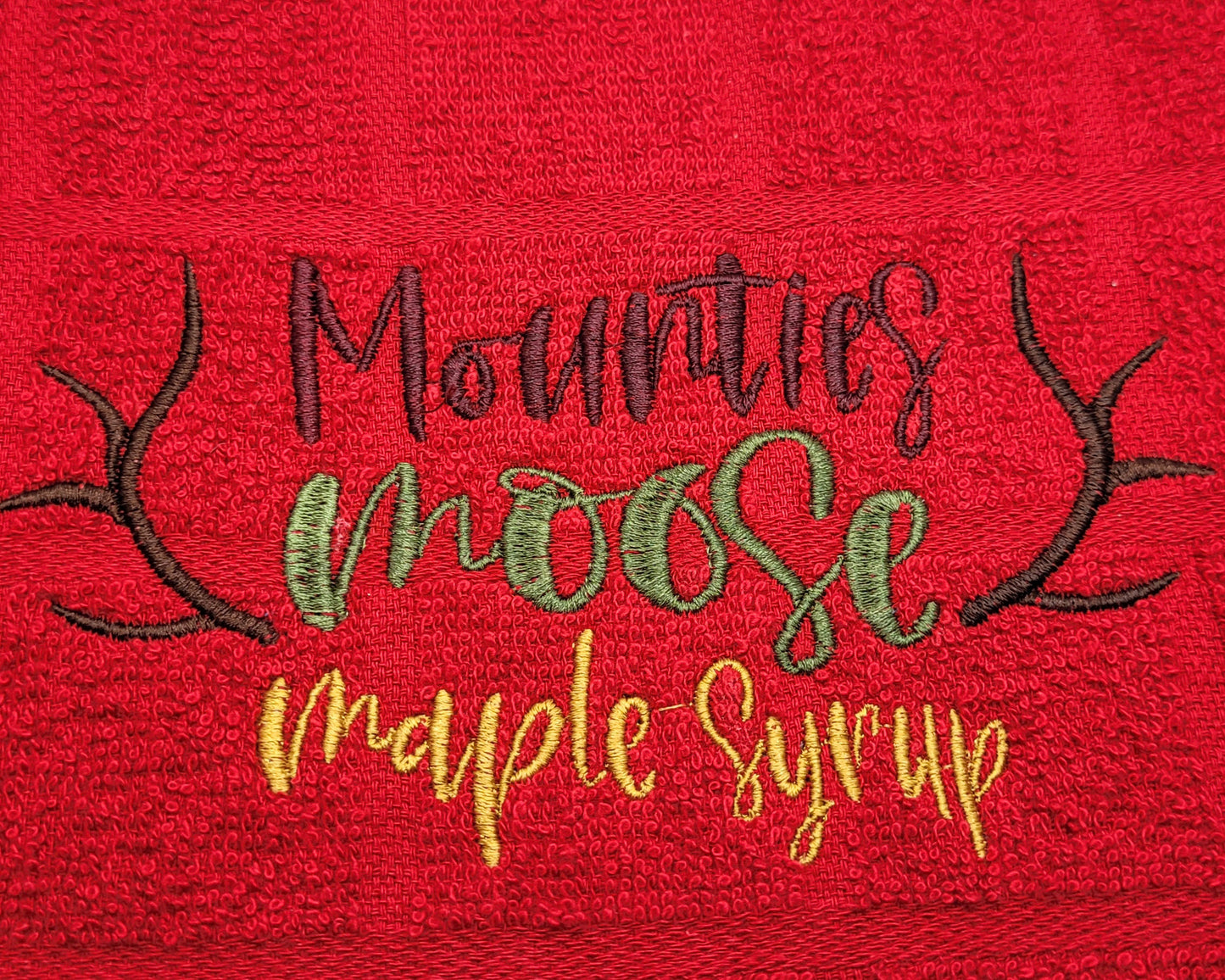 Mounties, Moose, Maple Syrup Embroidered Hand & Tea Towel