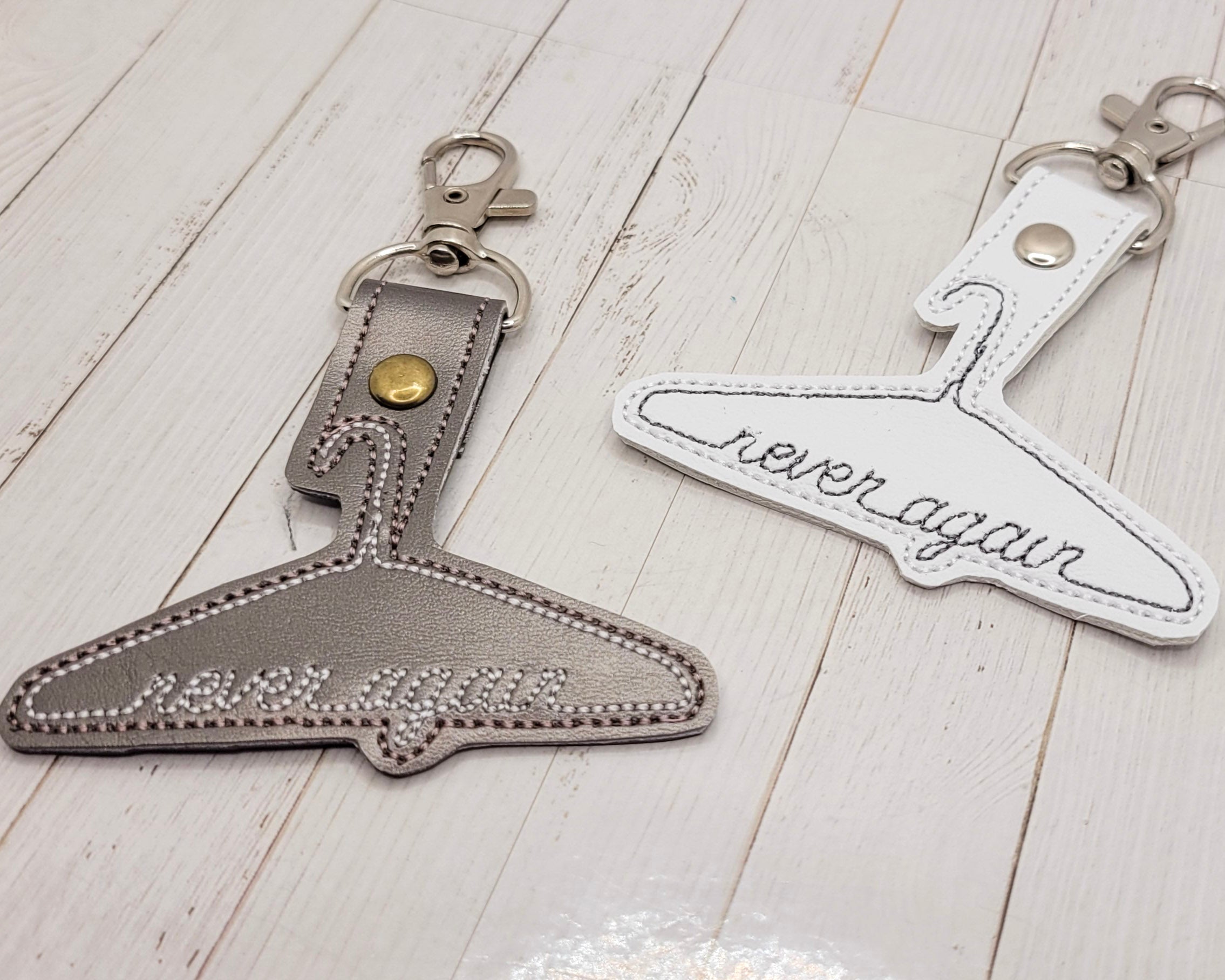 Never Again Metal Hanger Vinyl Embroidered Keychain