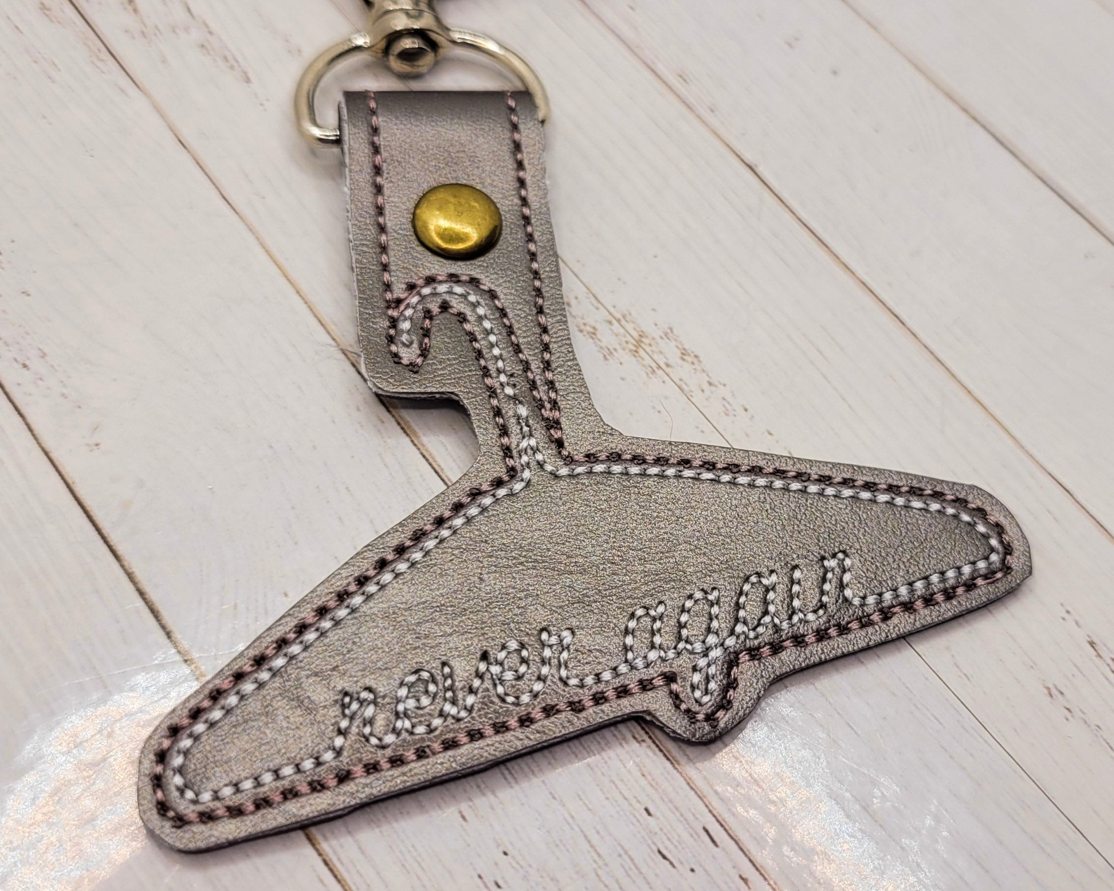 Never Again Metal Hanger Vinyl Embroidered Keychain