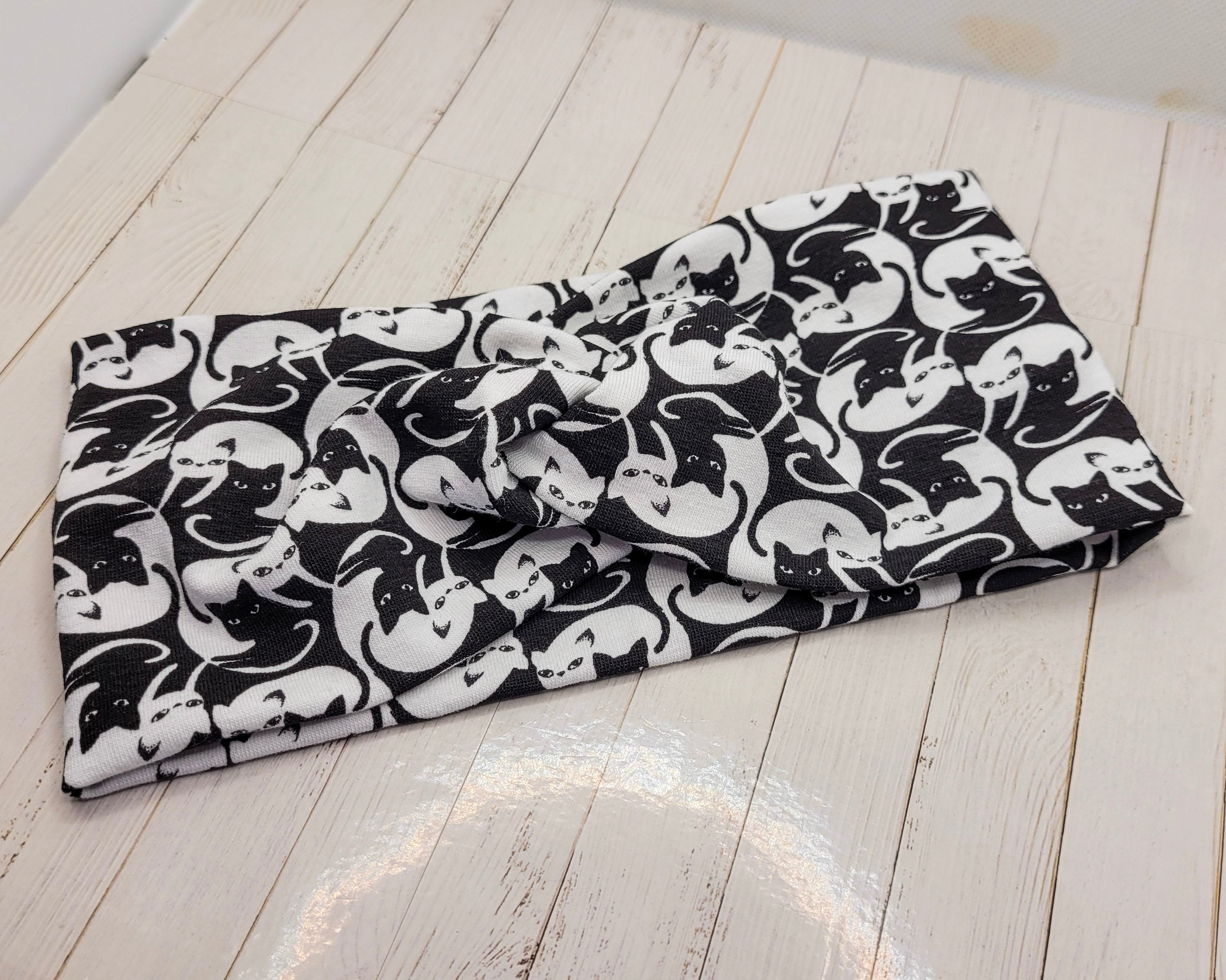 Black & White Cat Print Stretch Knit Headband