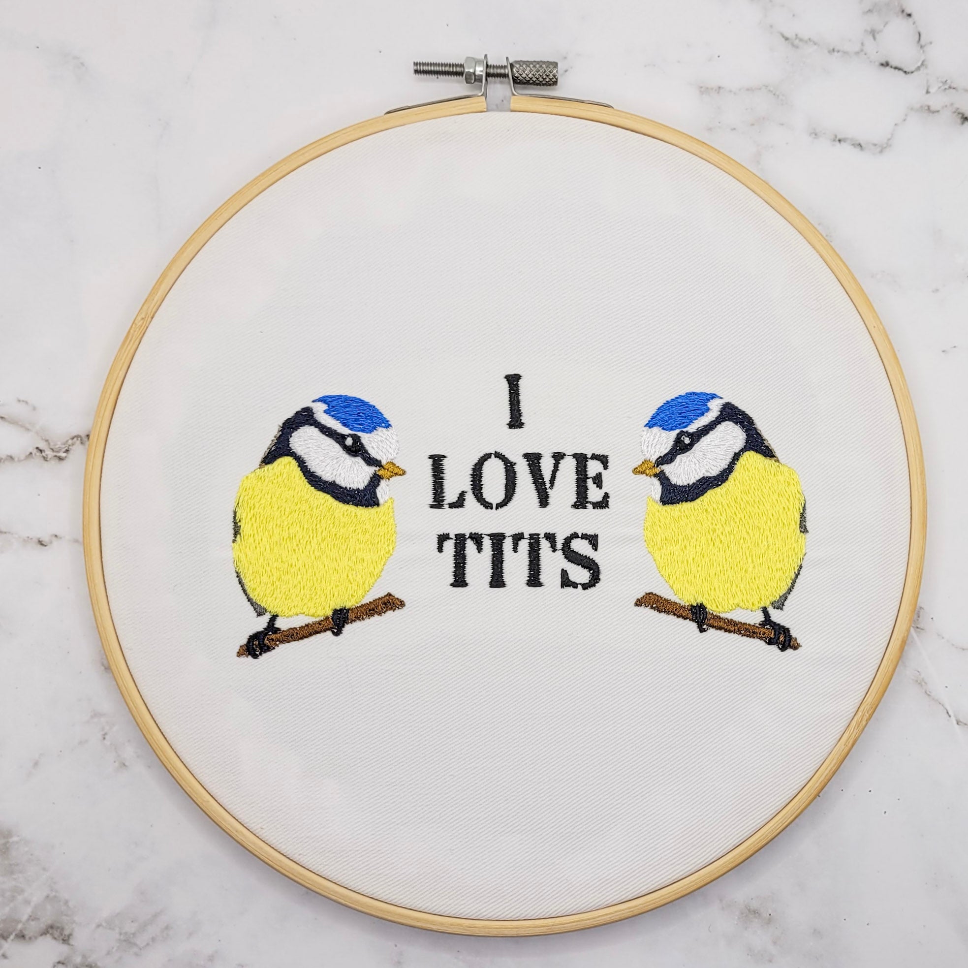I Love Tits Embroidered Wall Hanging - 8" Hoop