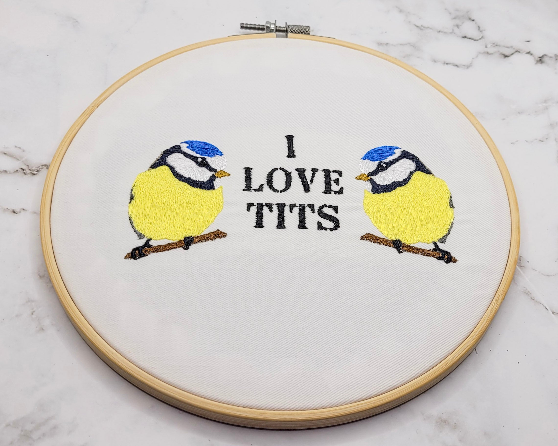 I Love Tits Embroidered Wall Hanging - 8" Hoop