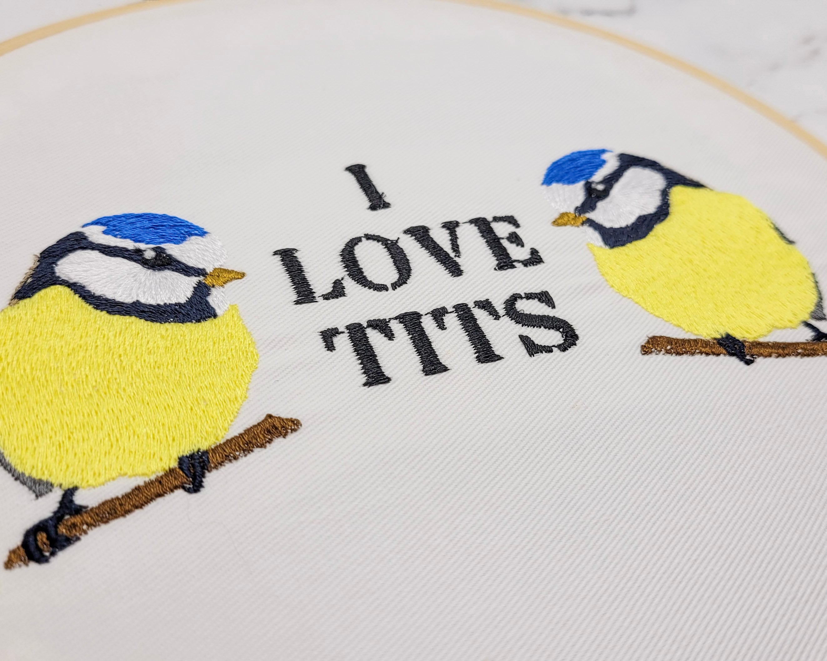 I Love Tits Embroidered Wall Hanging - 8" Hoop