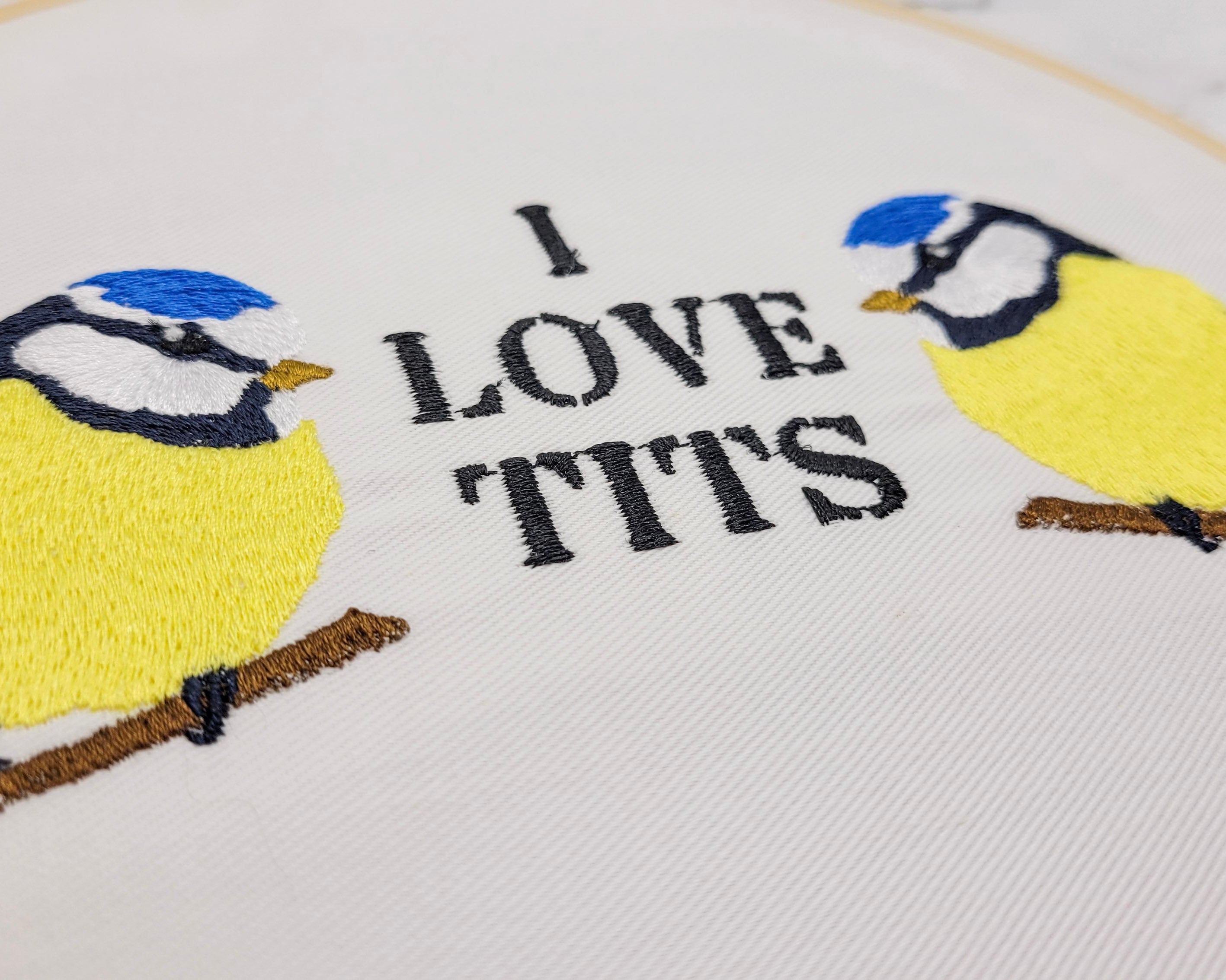 I Love Tits Embroidered Wall Hanging - 8" Hoop