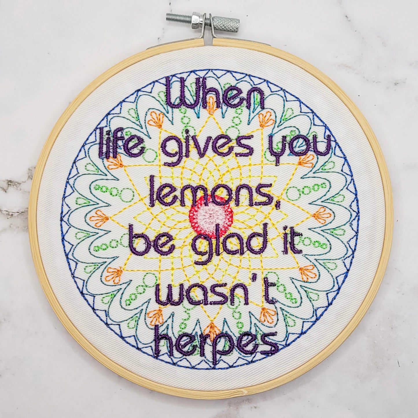 6" Life, Lemons, Herpes Embroidered Wall Hanging
