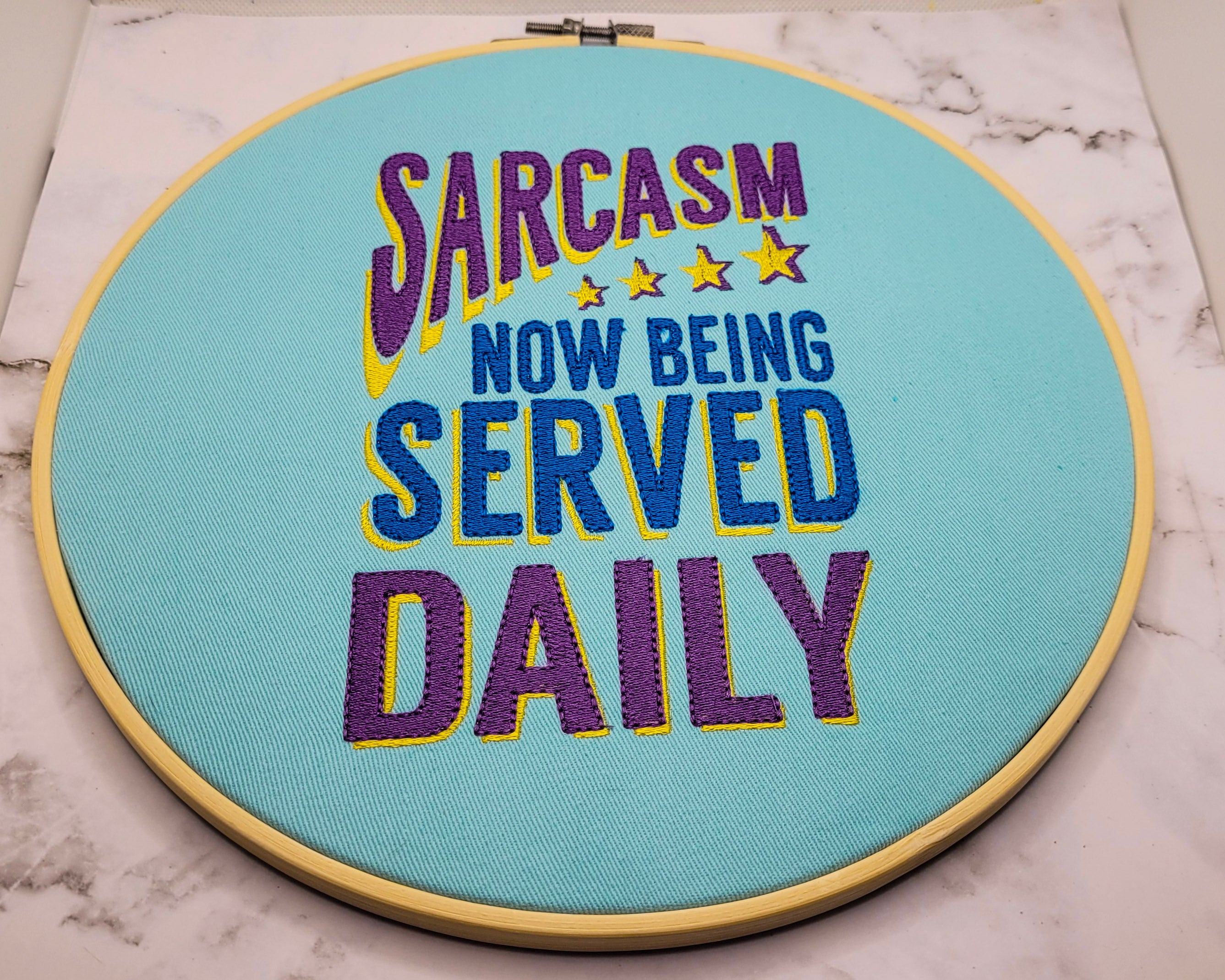 Sarcasm Served Daily Embroidered Wall Hanging - 10" Hoop