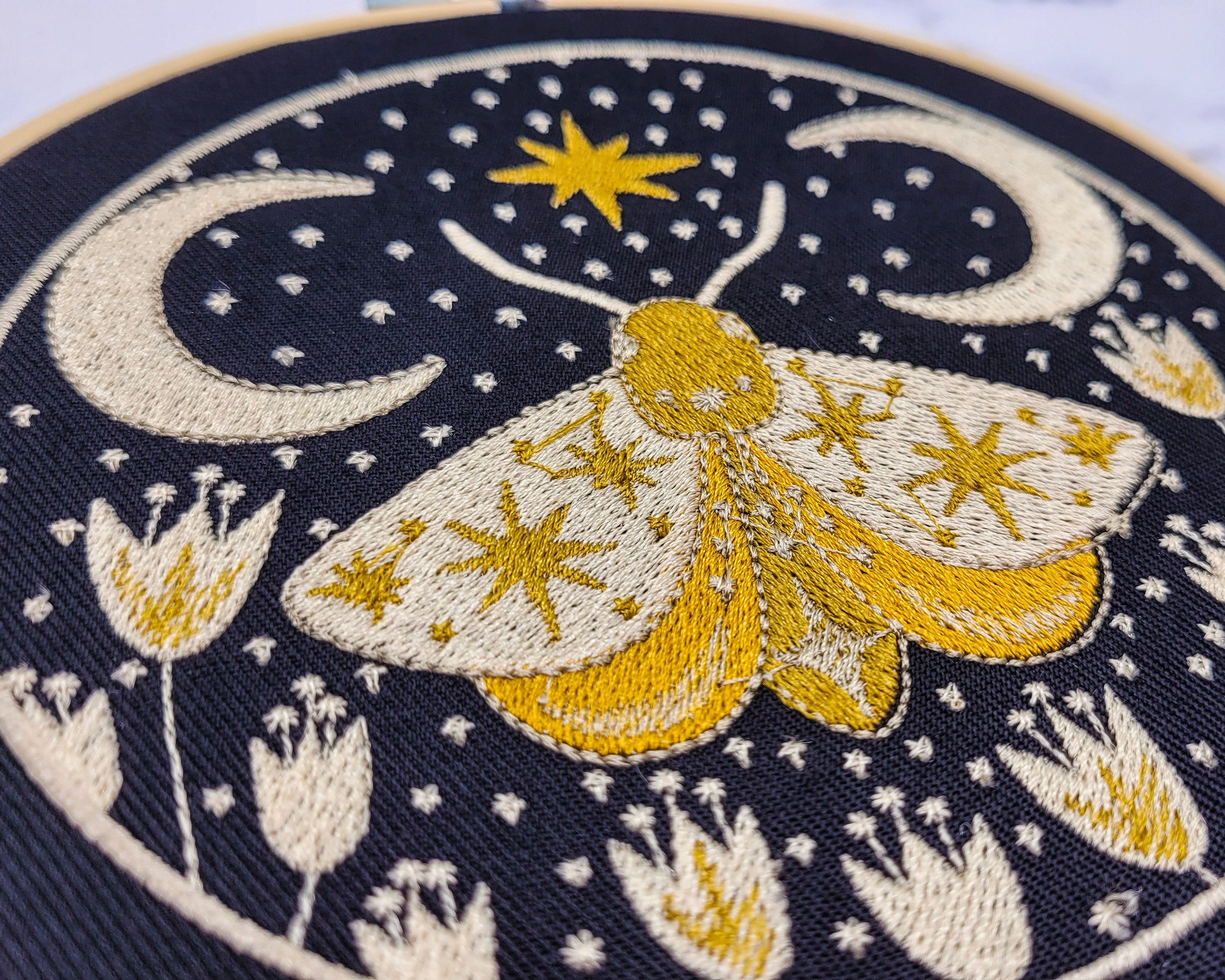 Night Moth Embroidered Wall Hanging - 6" Hoop