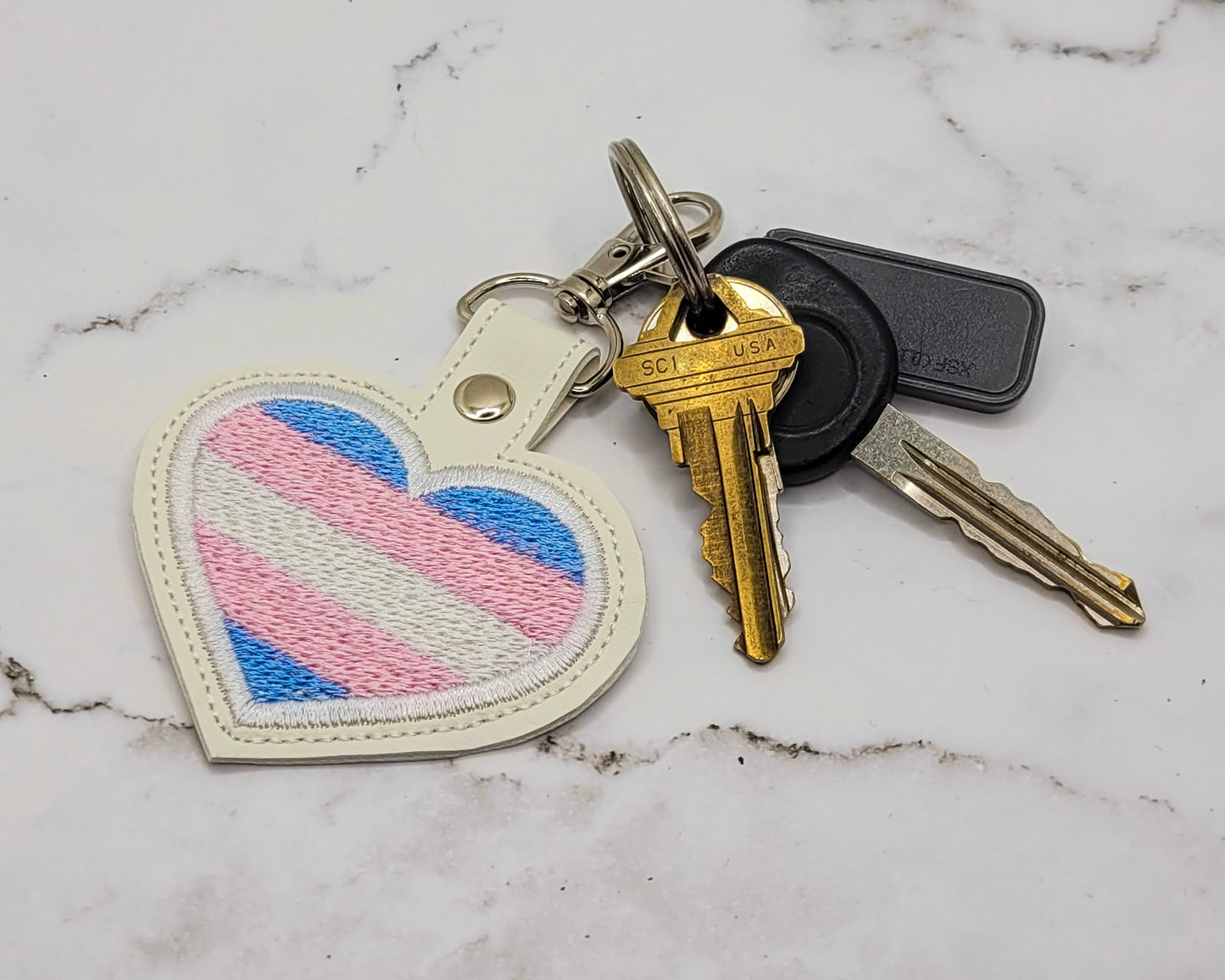 Trans Flag Heart Vinyl Keychain