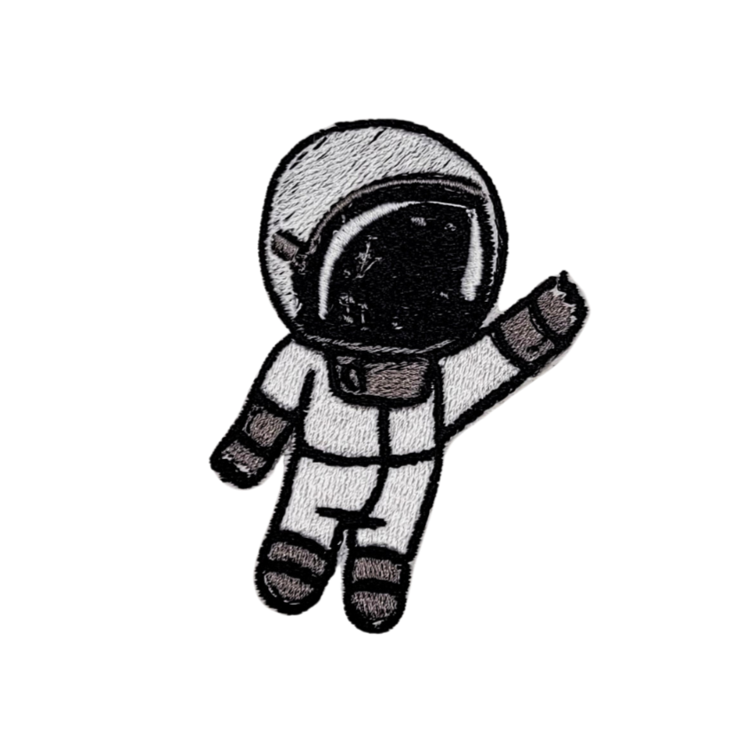 A black, white, and grey embroidered patch depicting an astronaut figure.