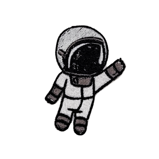 A black, white, and grey embroidered patch depicting an astronaut figure.