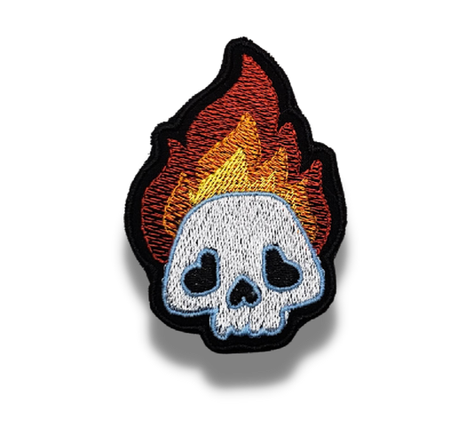 Flaming Skull Embroidered Iron On Patch