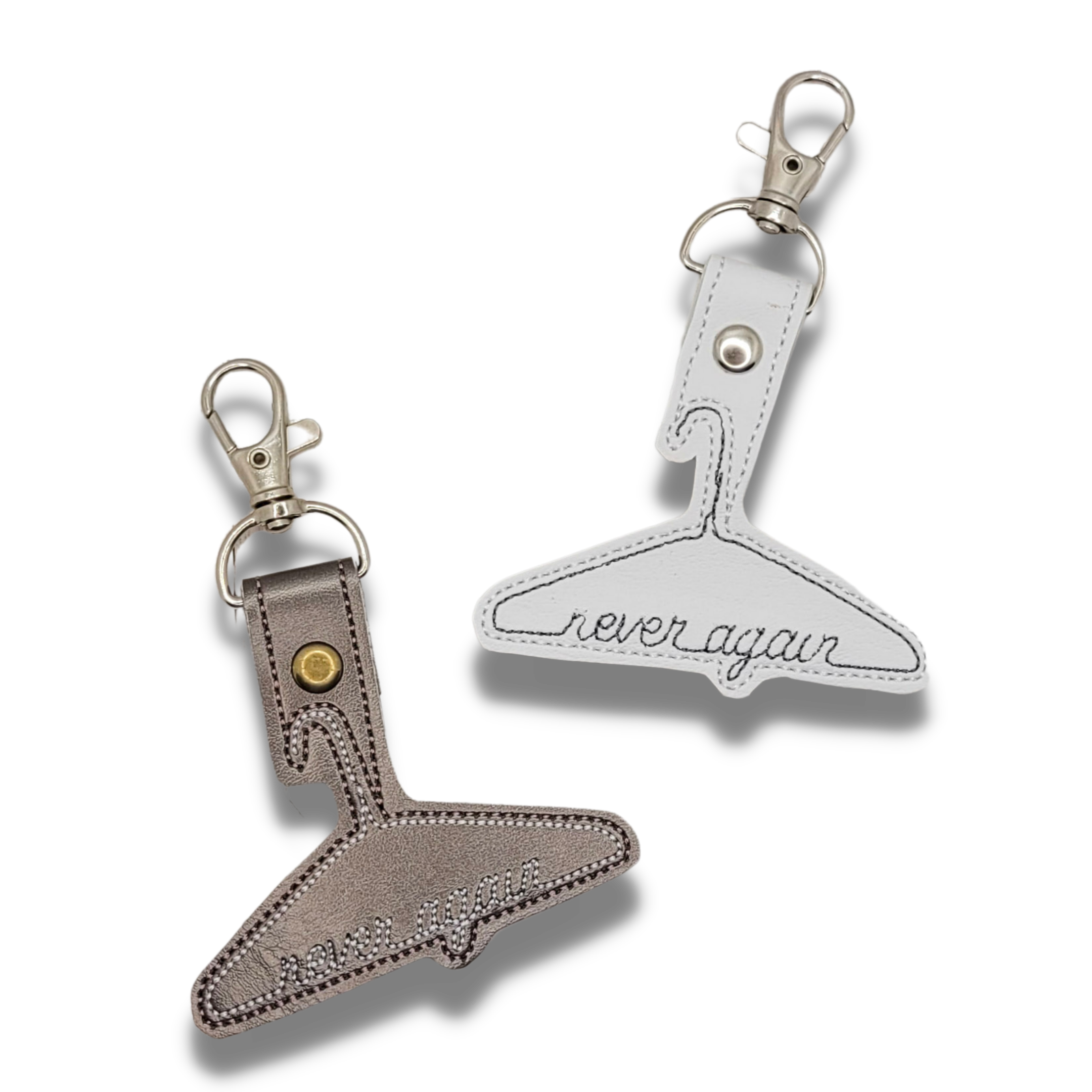 Never Again Metal Hanger Vinyl Embroidered Keychain